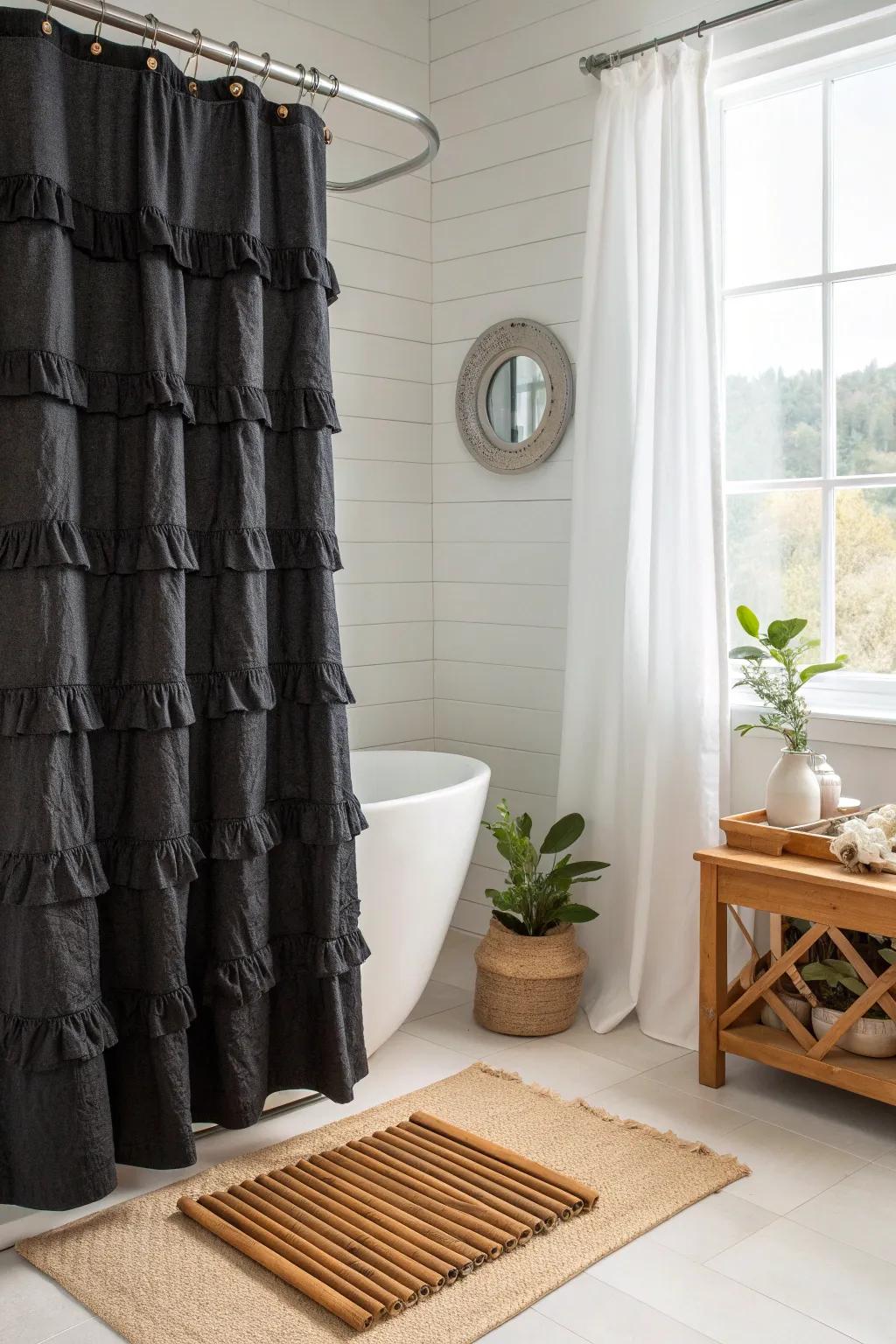 Add a touch of elegance with a textured black shower curtain, creating a cozy yet sophisticated atmosphere.