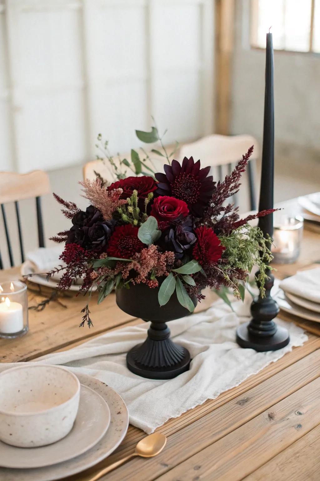Dive into romance with dark florals that bring depth and allure to your centerpiece. 🌹🌿 #WeddingFlowers #CenterpieceGoals
