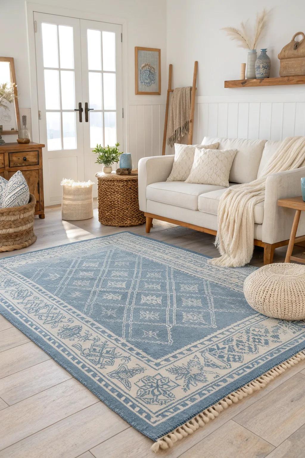 A blue area rug adds depth and charm, anchoring your living room with style. #HomeDecor #RugDesign