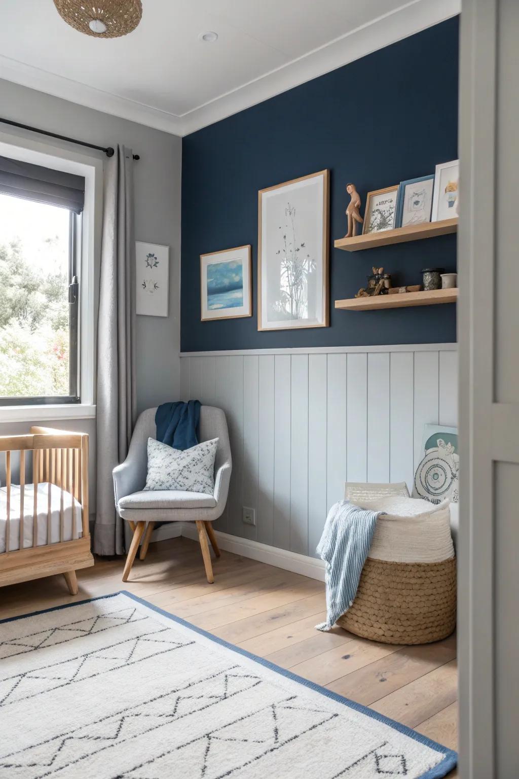 A striking navy accent wall sets the stage for this stylish boy's bedroom.