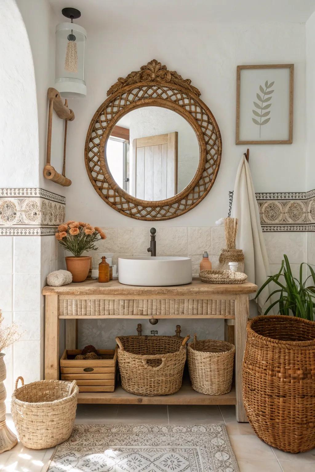 Wicker wonders and vintage reflections make for a bathroom that's as unique as you are.