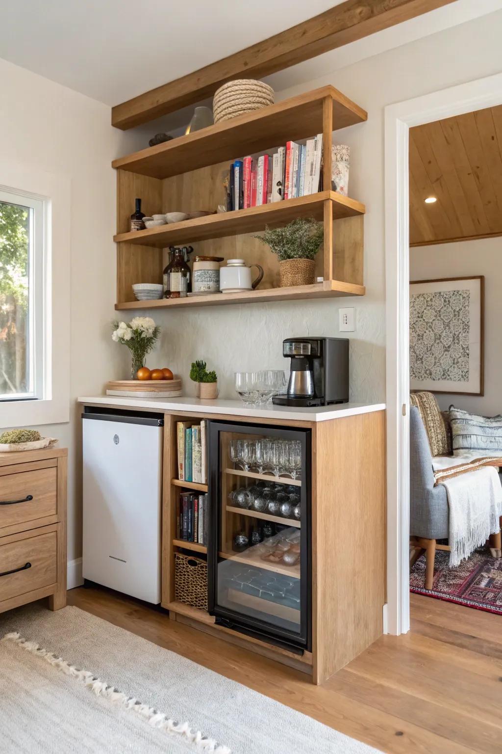 Maximize functionality with a mini-fridge tucked into your bookshelf setup, perfect for a home bar.