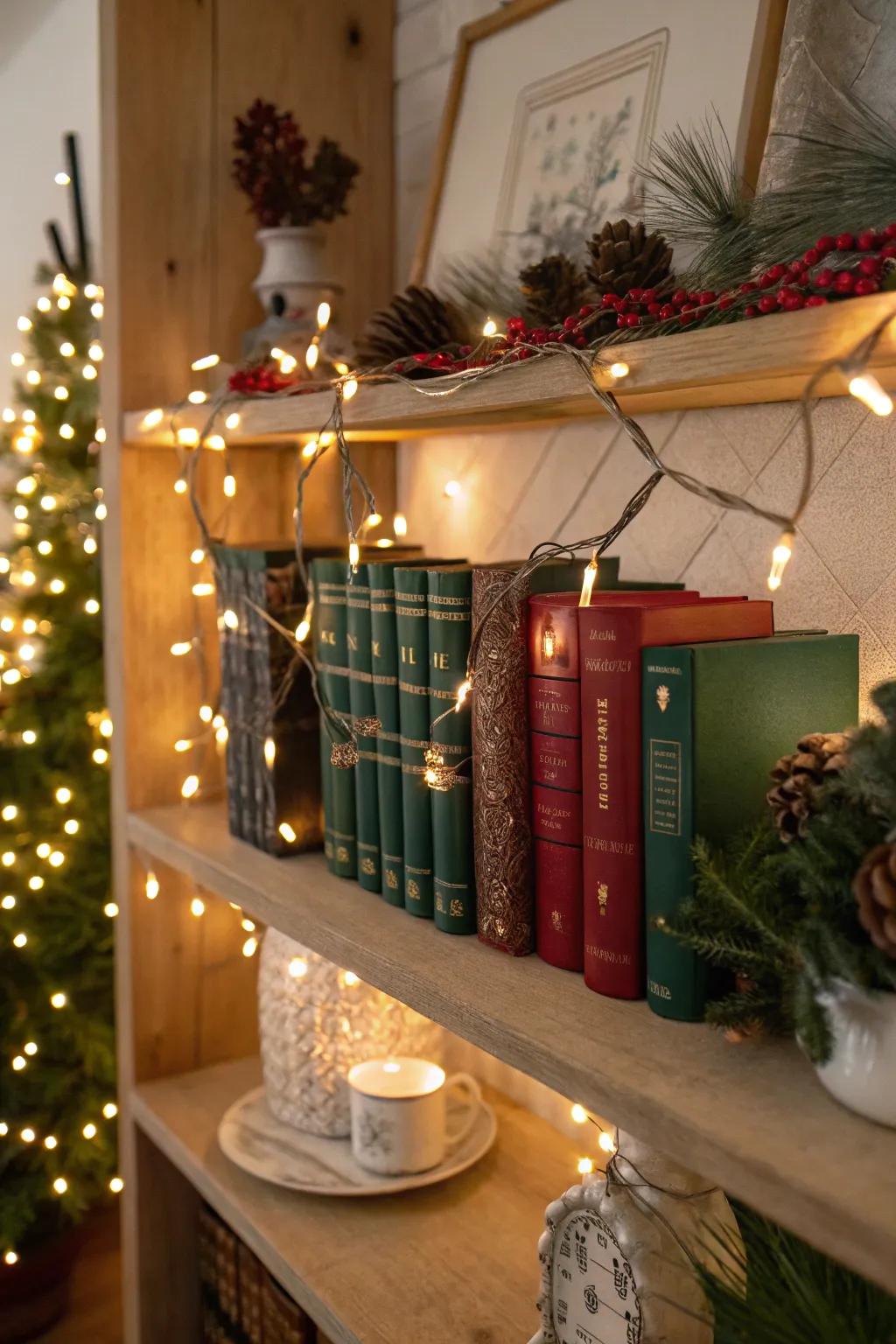 Add a magical glow to your shelves with enchanting string lights.