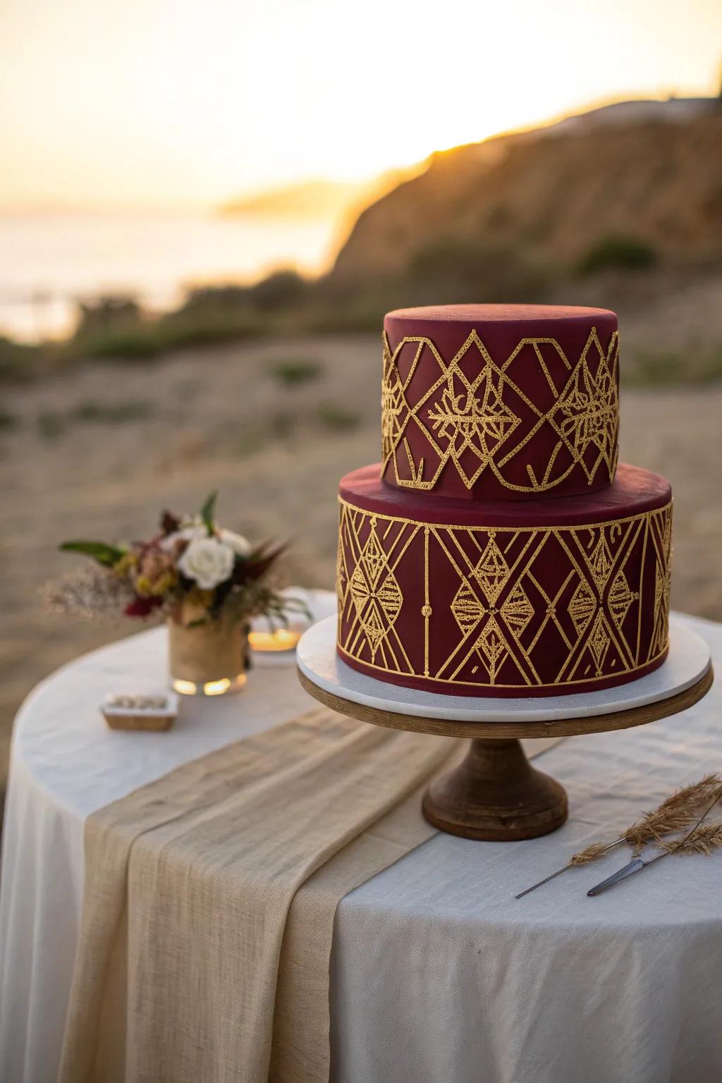 Gold geometric patterns bring a modern flair to this burgundy cake, making it a standout piece for any event.
