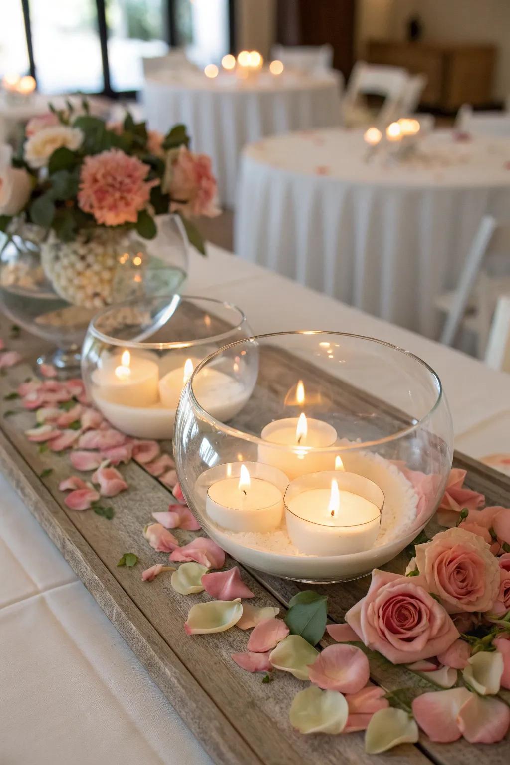 Let floating candles and petals dance on water for a truly captivating centerpiece. #WeddingMagic #FloatingCandles