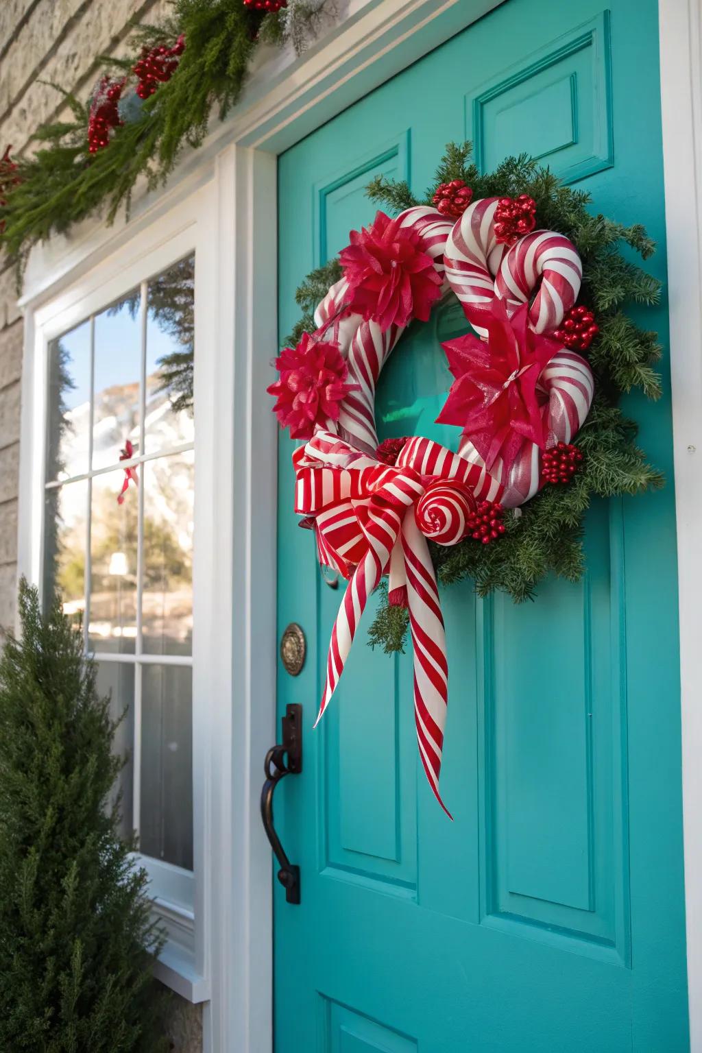 Welcome guests with a charming candy cane wreath that adds festive flair to your door.