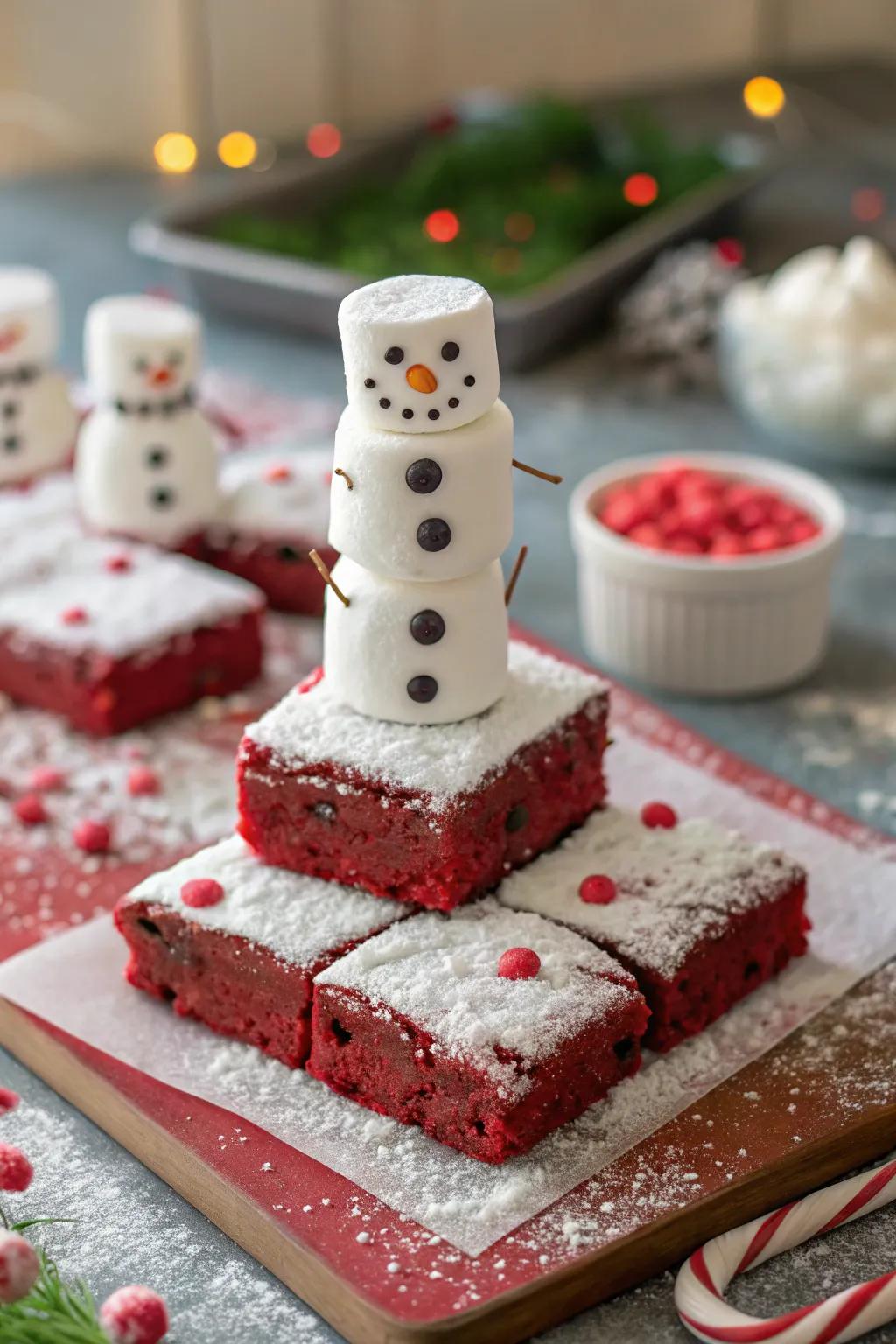 These snowman brownies bring a frosty charm to your holiday celebrations.