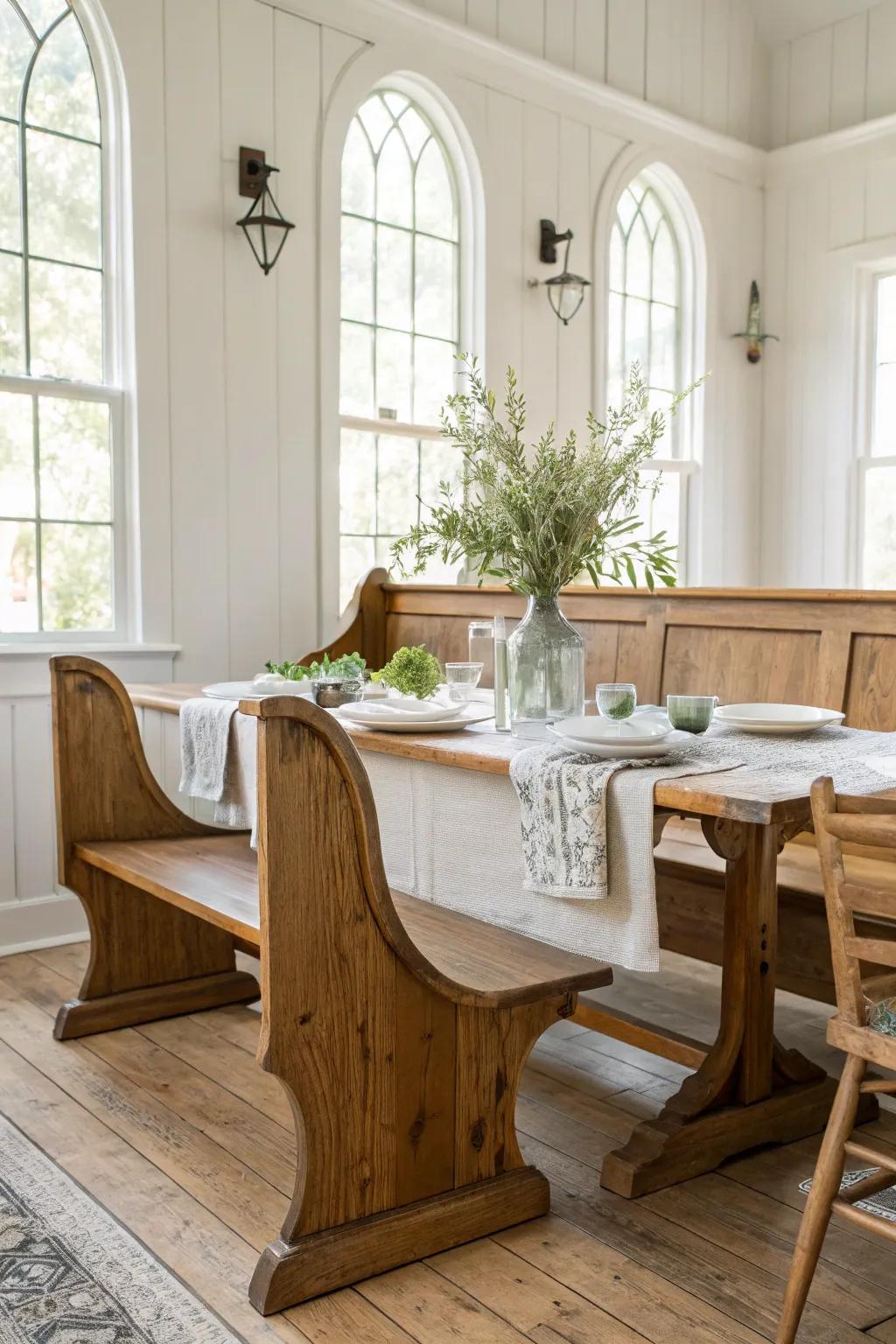 Create a cozy communal dining experience with a church pew in your dining room.