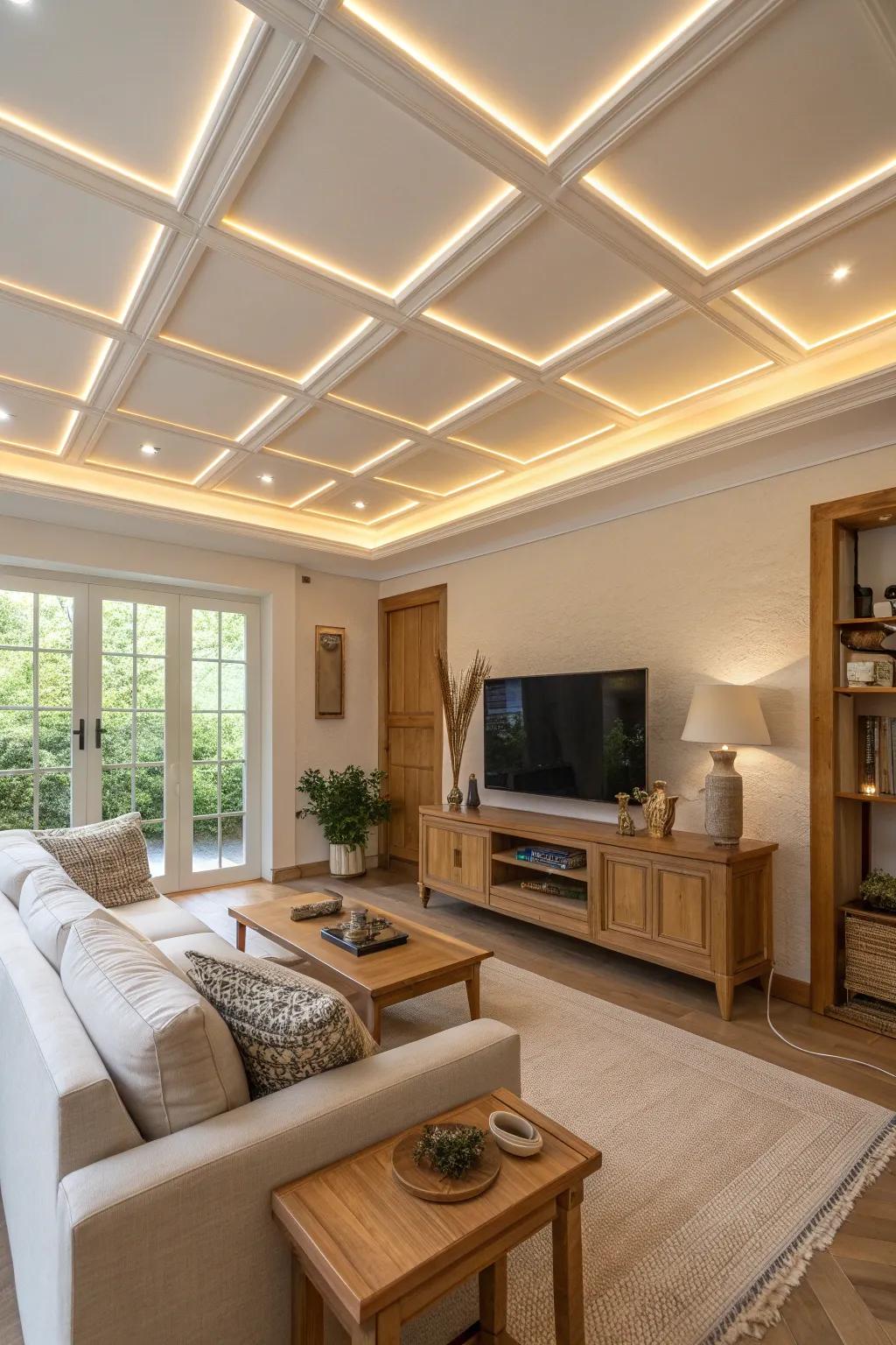 LED strips create a soft glow that beautifully outlines the coffered ceiling.