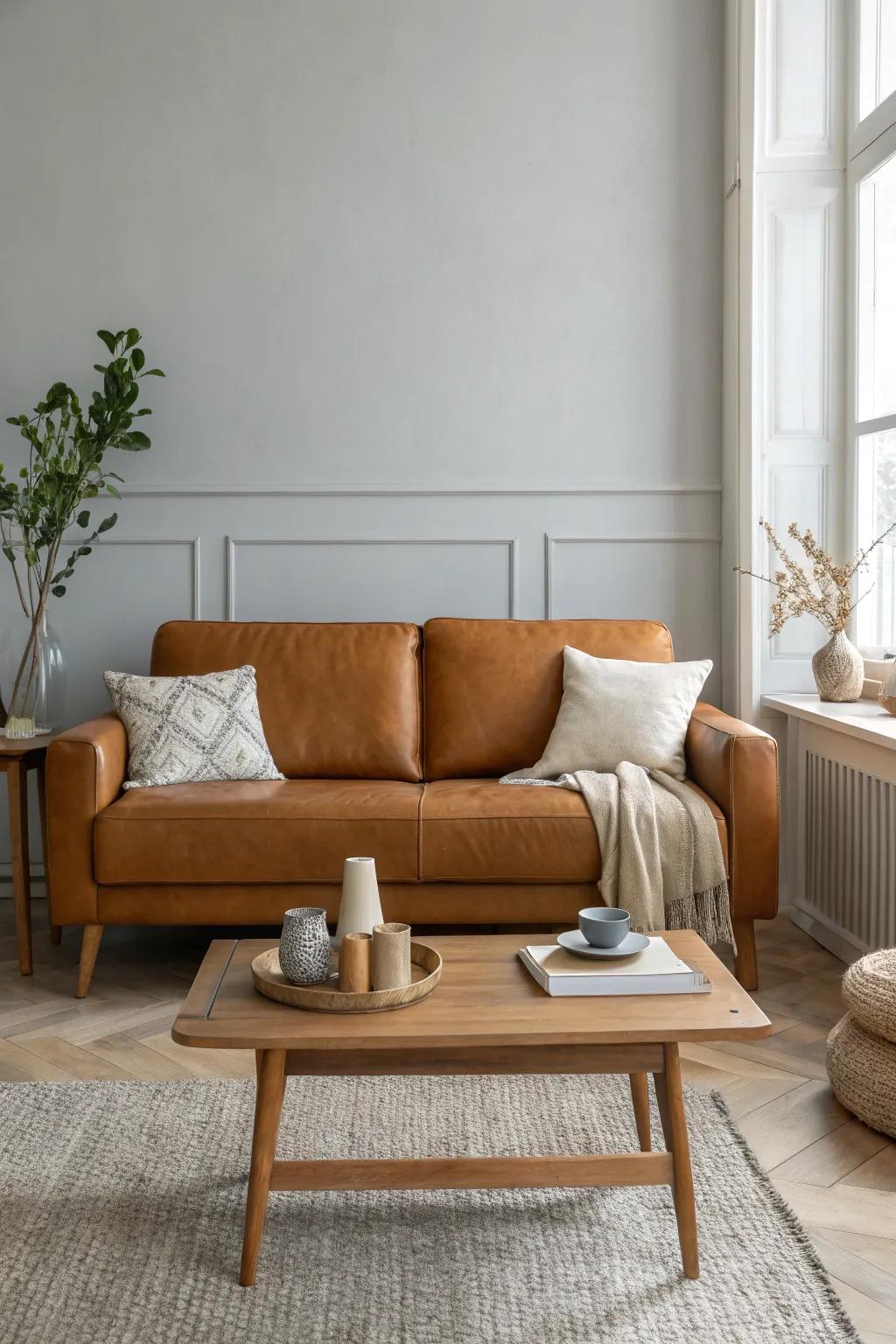 Let your cognac couch shine in a minimalist setting, where less truly is more.