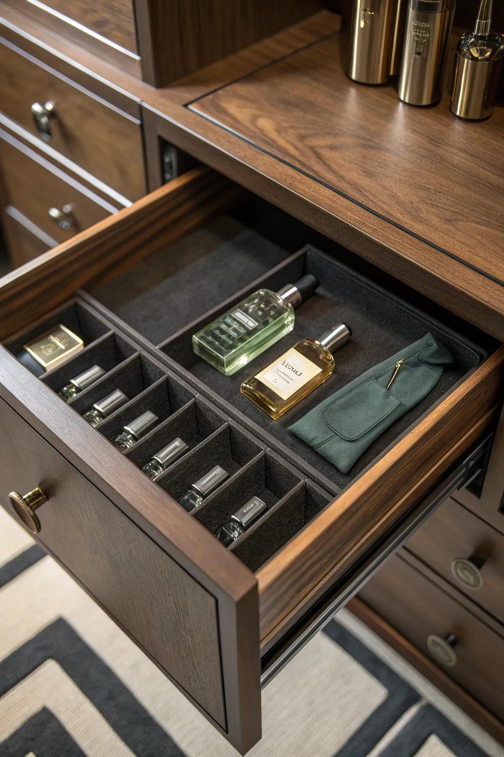 Say goodbye to clutter and hello to organized elegance with custom drawer inserts for your colognes.