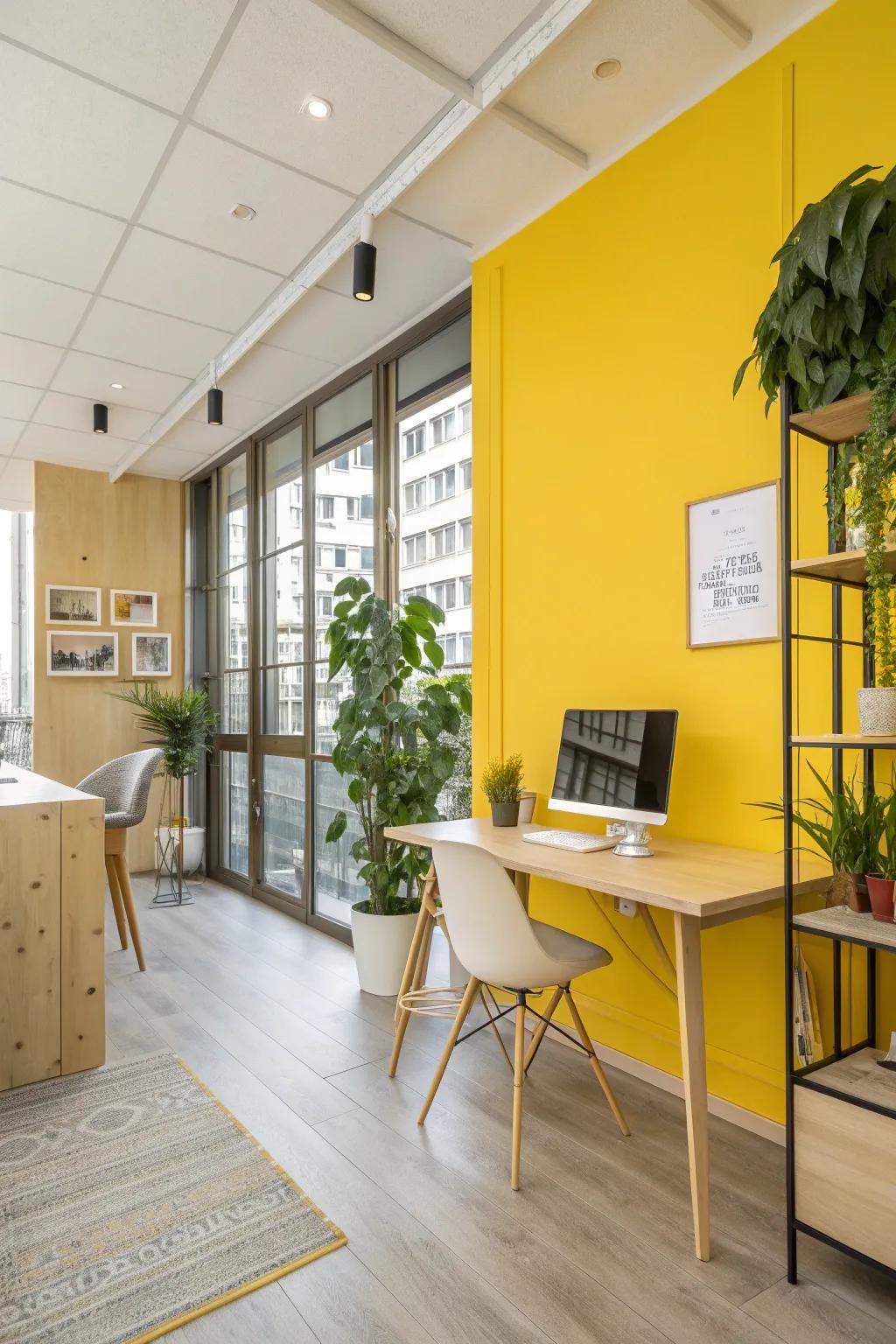 Brighten up your workspace with a bold yellow accent wall that encourages creativity and innovation. 🌟 #OfficeDesign #CreativeSpaces