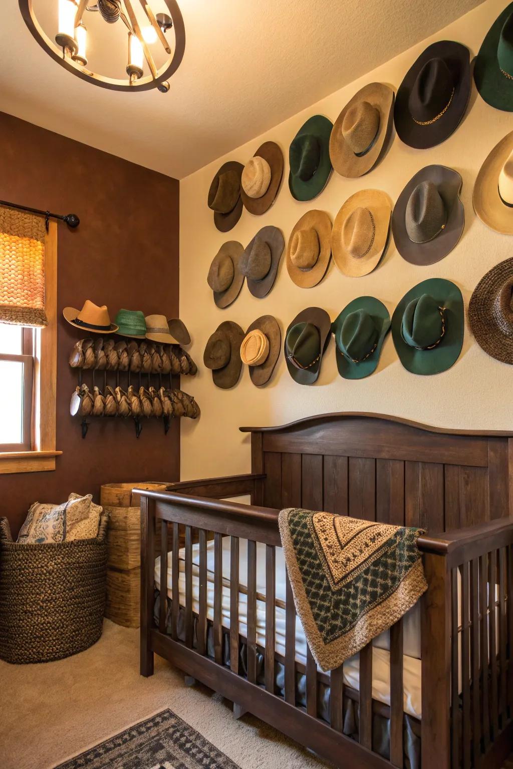Cowboy hats add whimsical charm and practical flair to nursery decor.