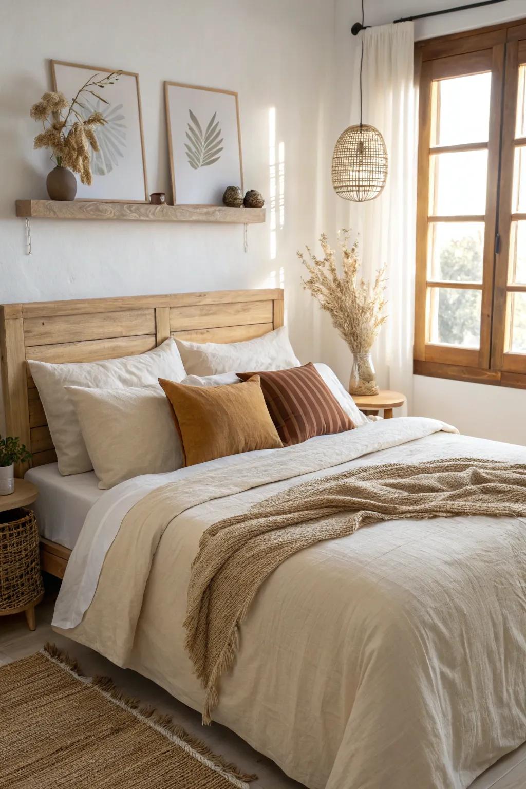 Warm accents paired with cream bedding create a harmonious and inviting space.