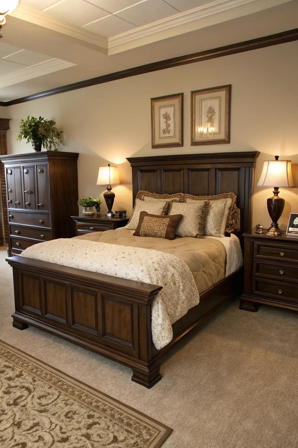 Achieve balance and harmony with coordinated dark brown furniture pieces.