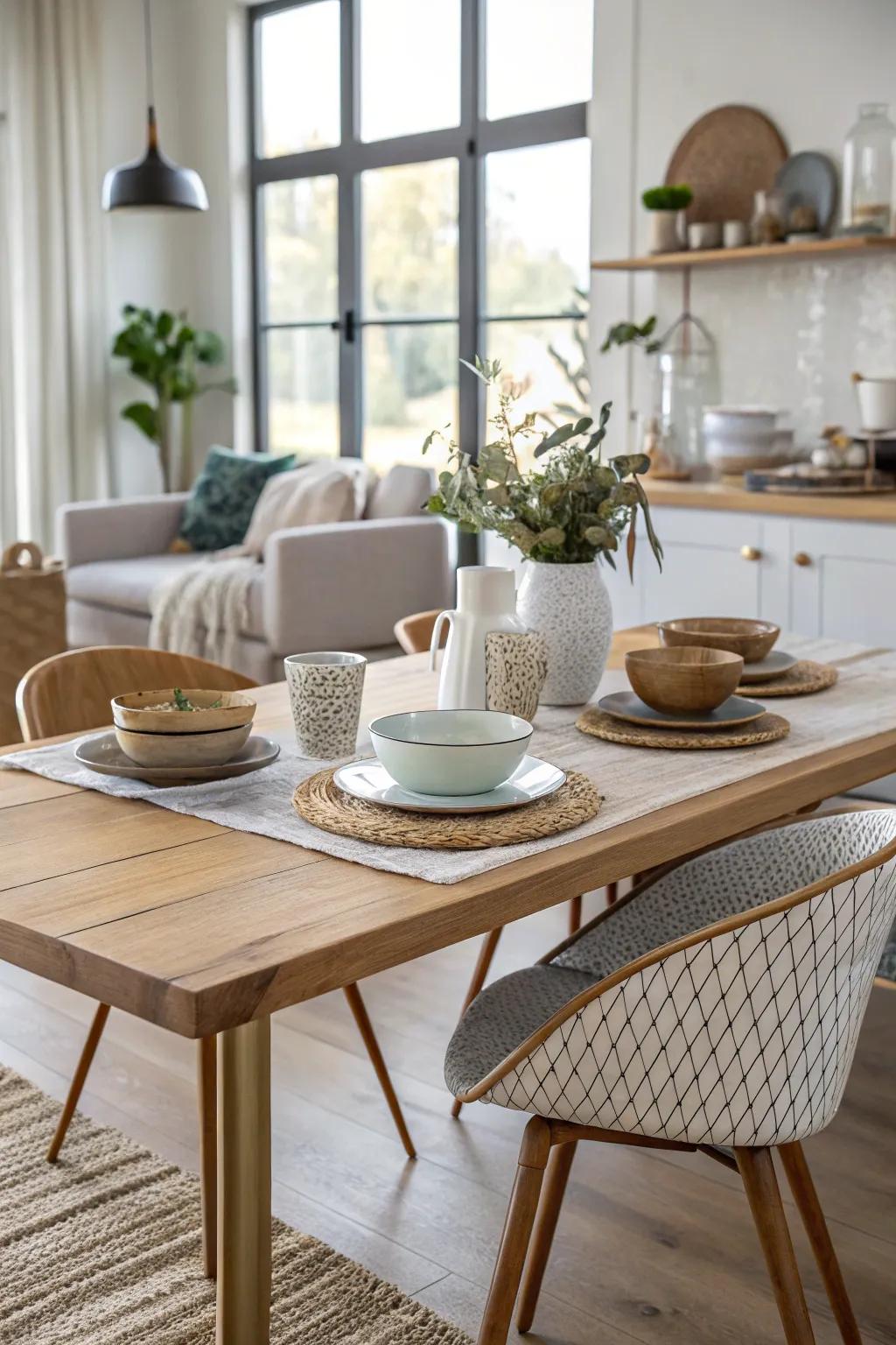 Create a personalized dining experience by mixing materials for a one-of-a-kind table.