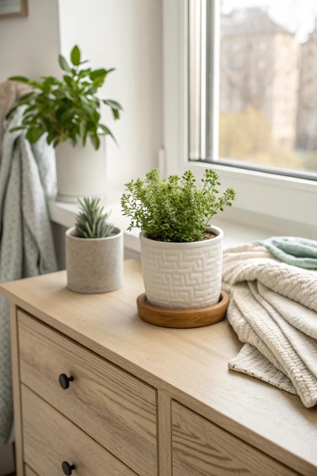 Bring nature indoors with a petite plant, infusing your dresser space with vibrancy and texture.