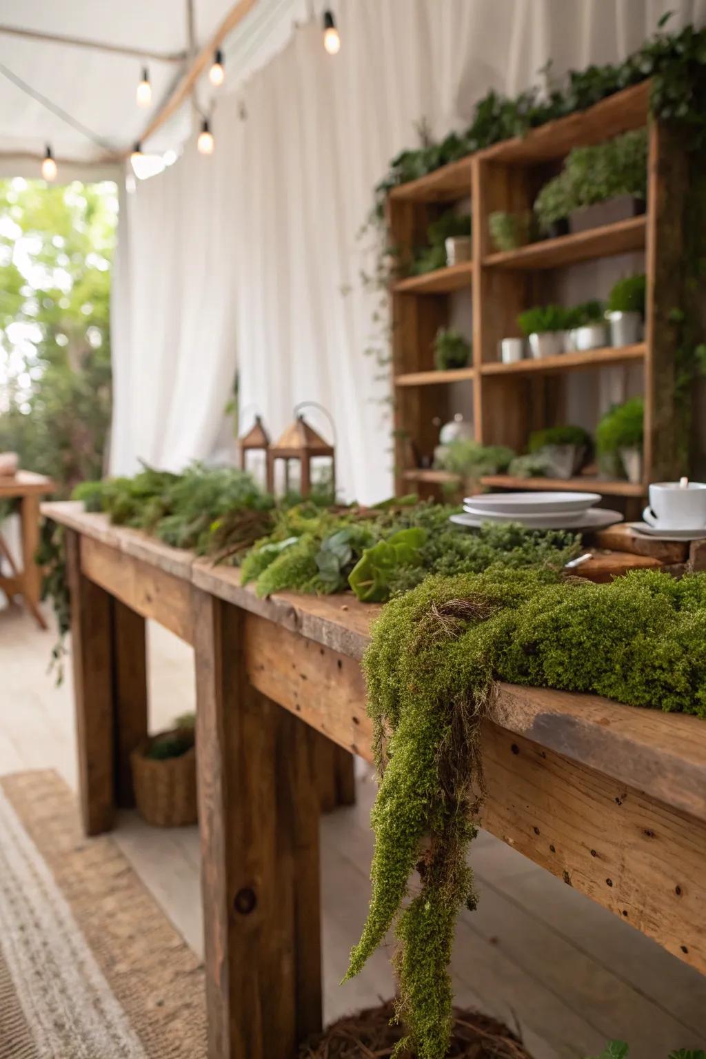 Transform ordinary surfaces with lush moss and greenery for a serene, woodland atmosphere.