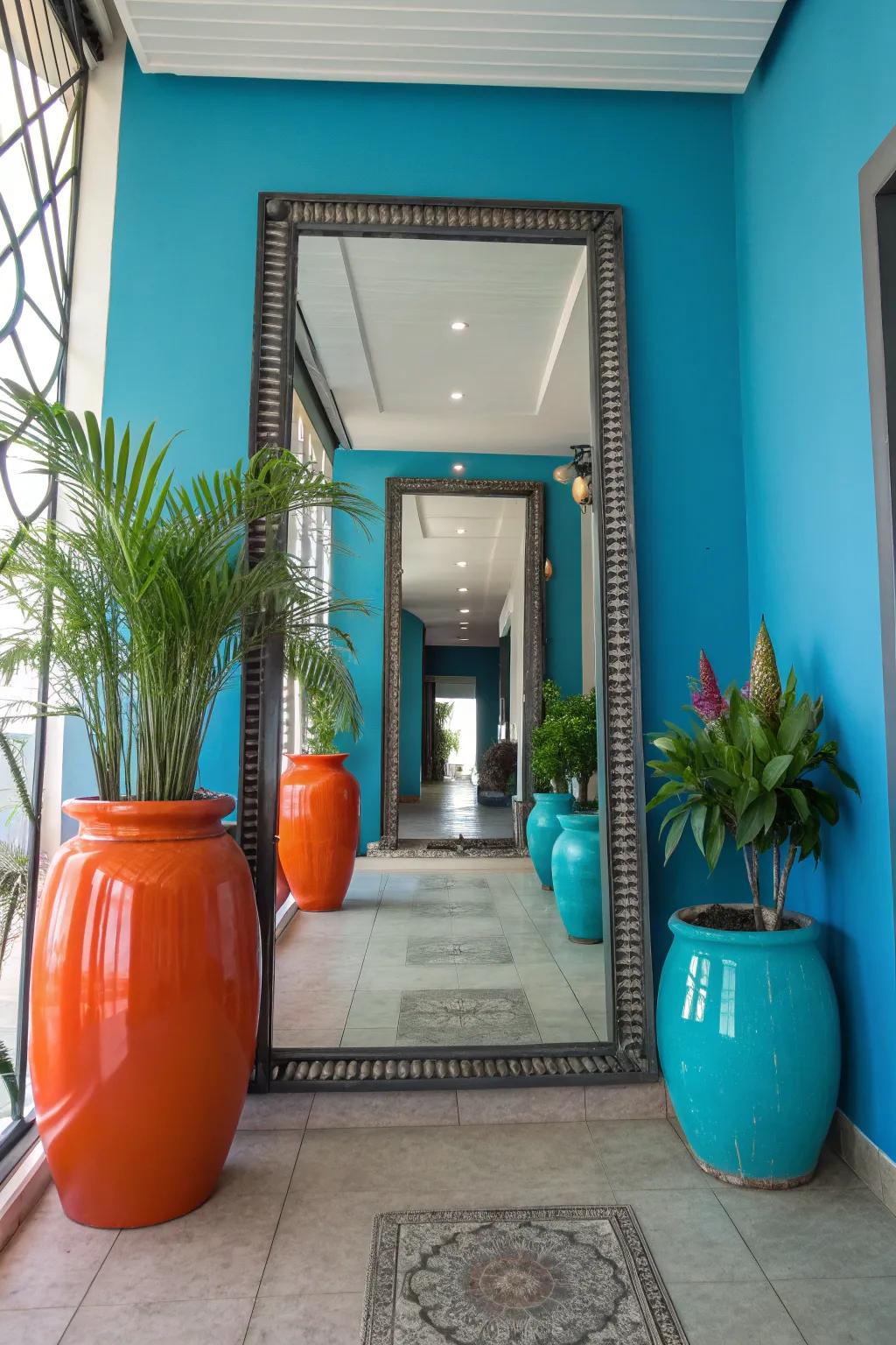 Mirrors paired with decor create a welcoming ambiance at the hallway's end.