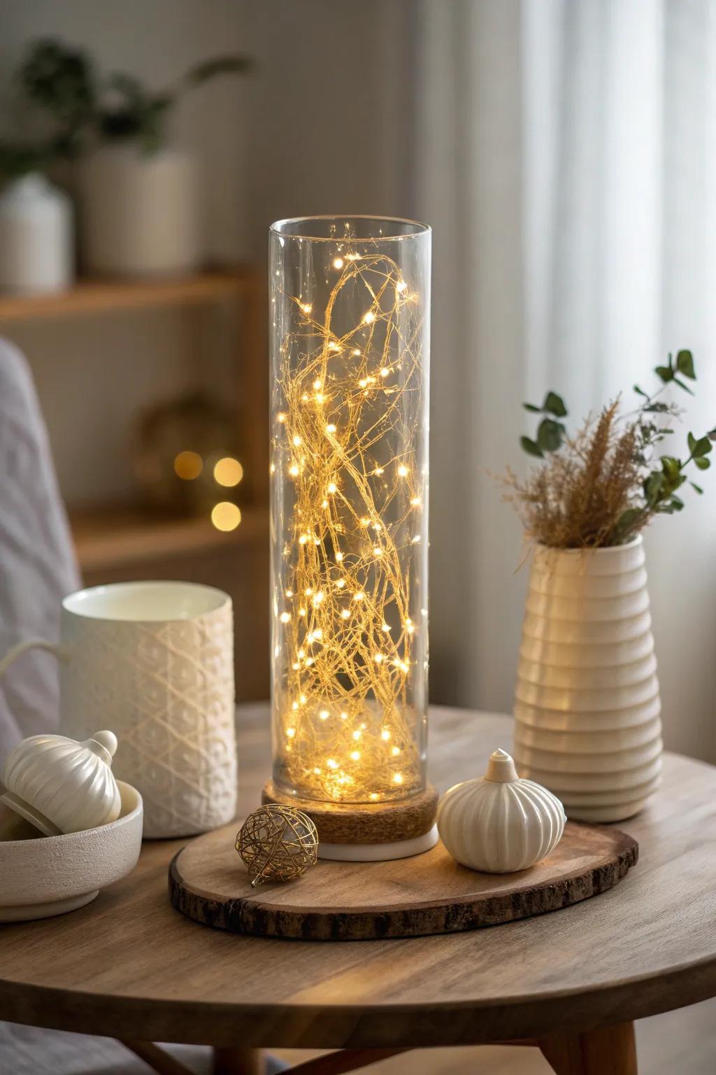 Elevate your decor with a dazzling display of light inside an elegant glass vase.