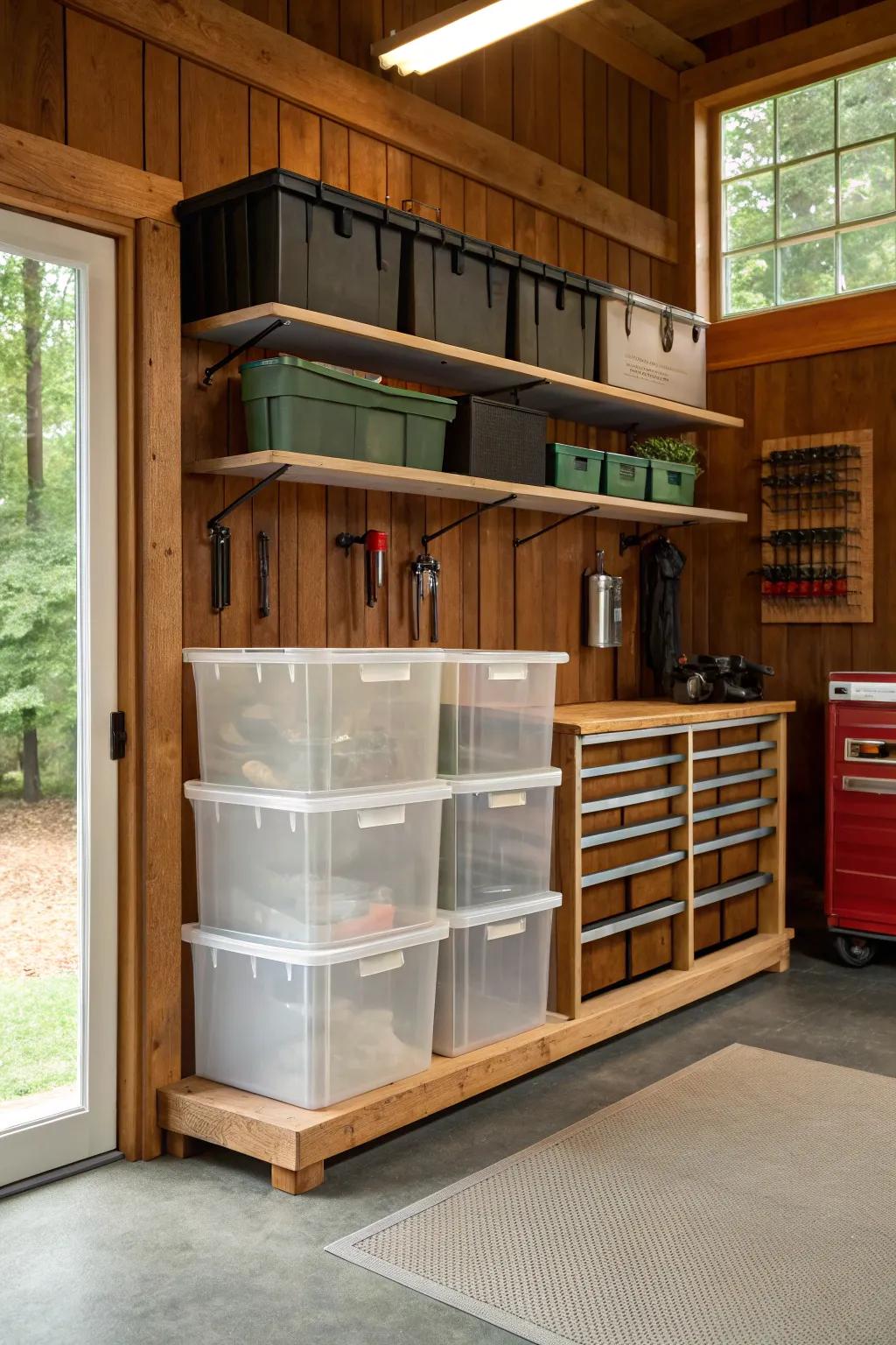Transparent bins simplify storage, making it easy to find what you need at a glance.