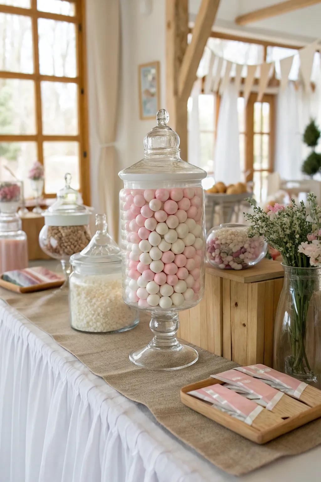 Glass jars filled with colorful candies create a delightful, eye-catching display. A feast for the eyes and the taste buds!