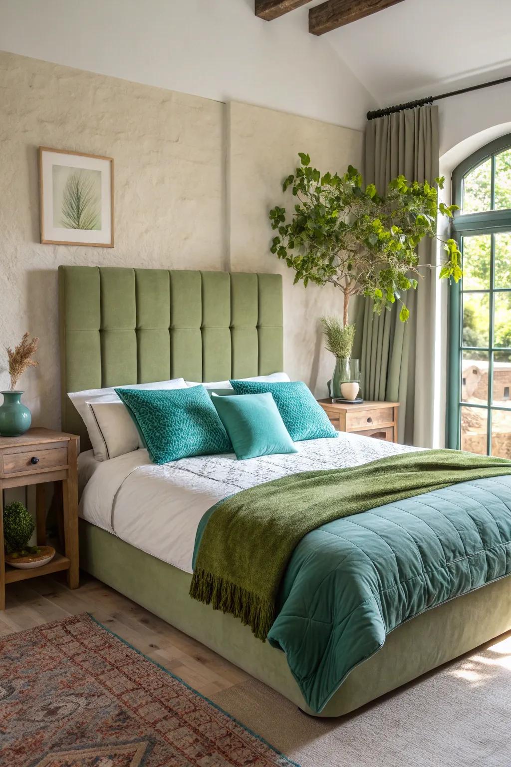 Layer sage and olive hues for a gentle, elegant atmosphere in your bedroom.