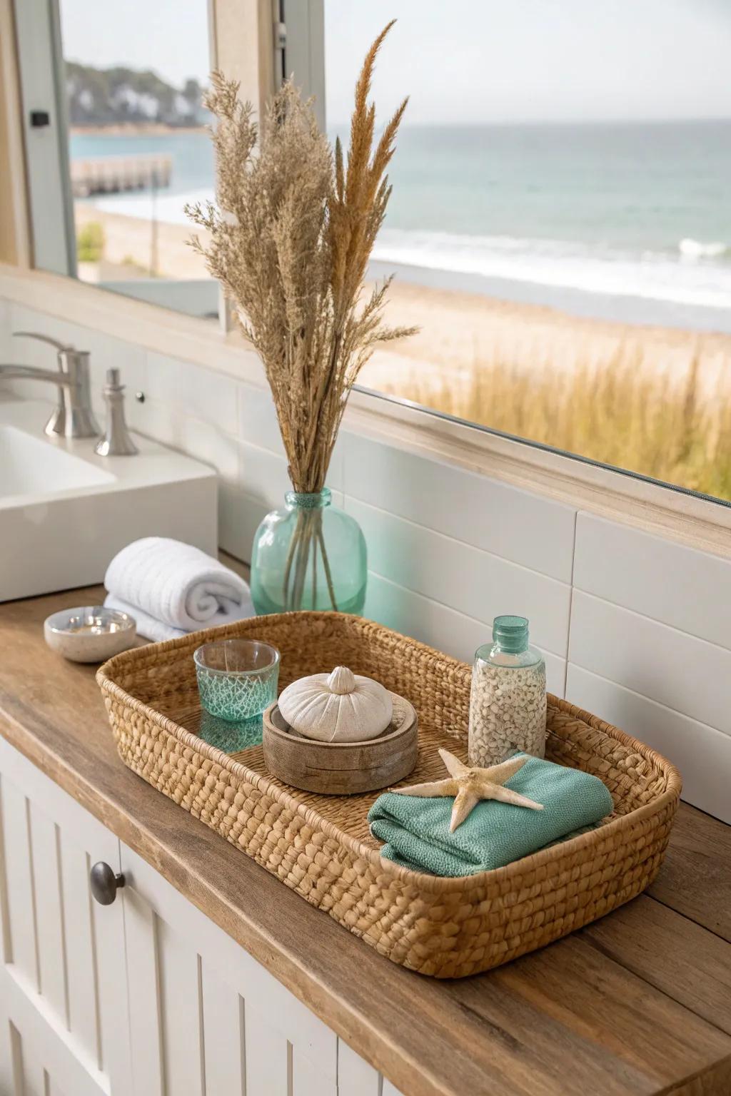 Bring the beach to your bathroom with a delightful wicker tray. #CoastalLiving #BathroomDecor