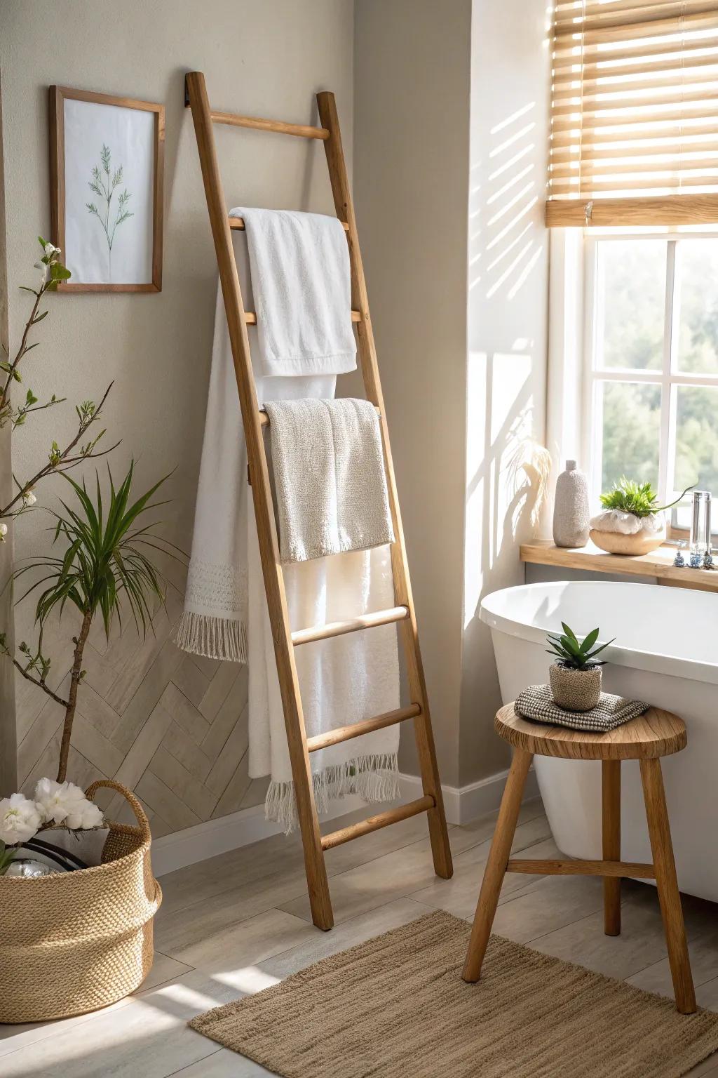 Ladder racks bring a chic, vertical storage solution to your bathroom.
