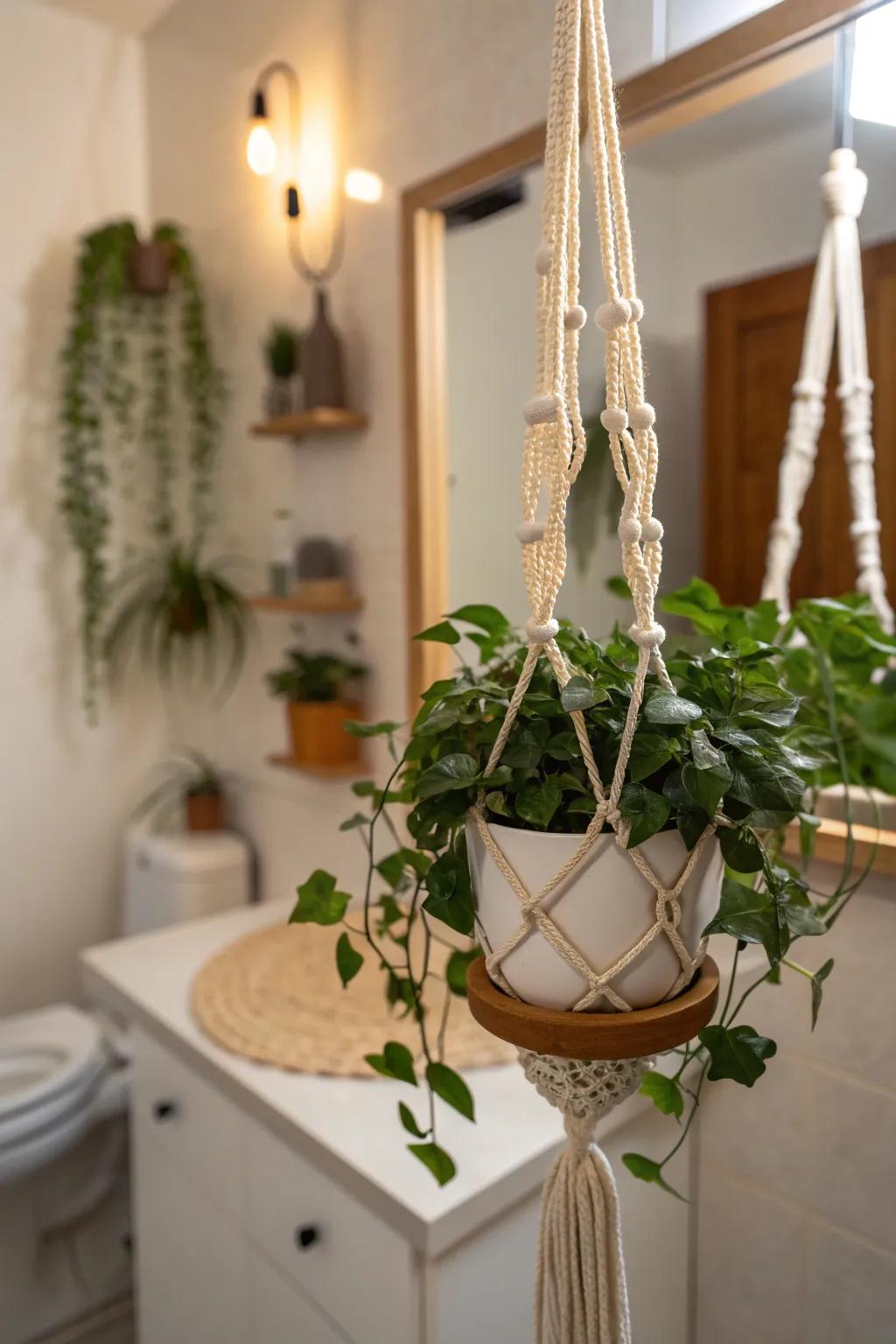 Boho charm comes alive with macramé plant hangers that add texture and style to your bathroom decor.
