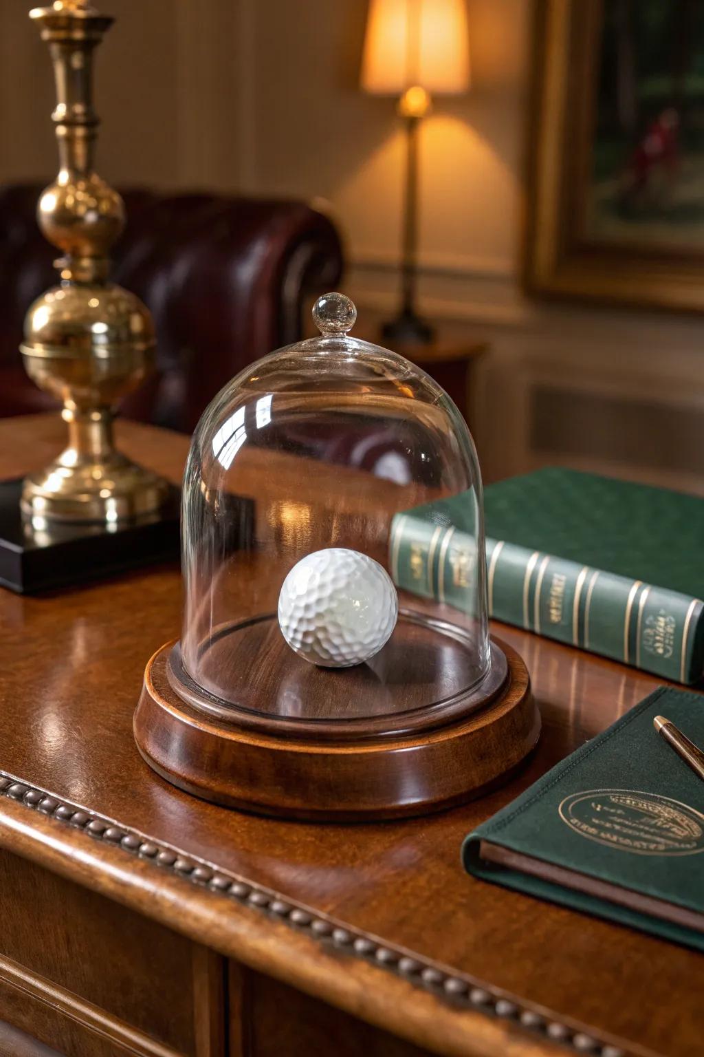 Elevate your home decor with a sophisticated glass dome display for your treasured golf memory.