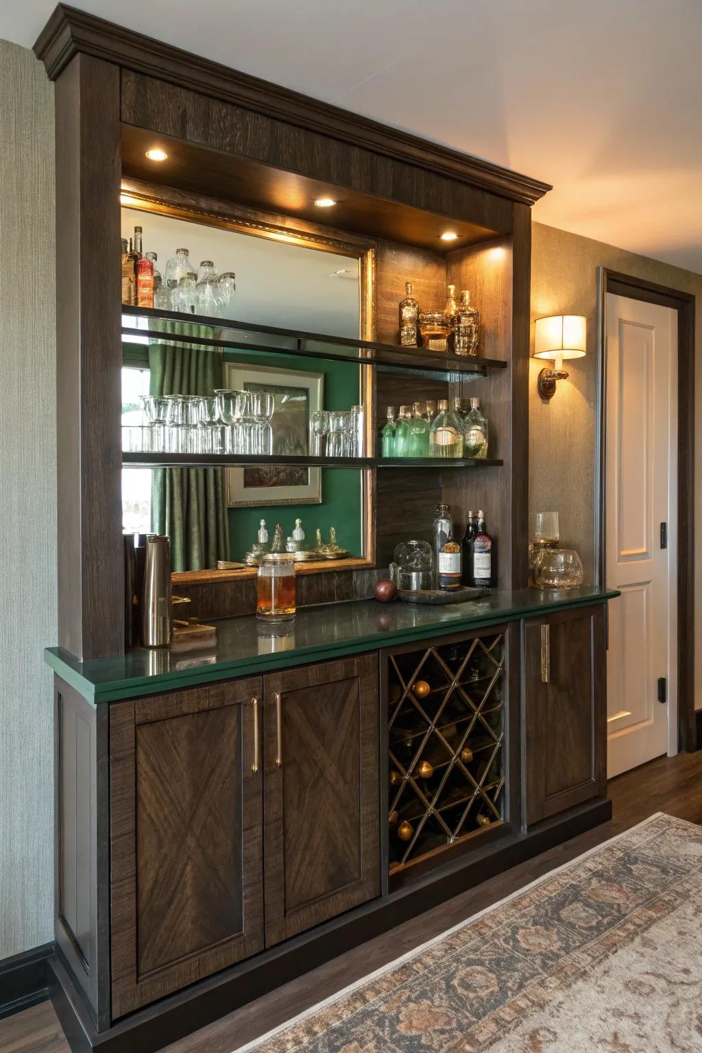 Transform your bar shelves into a stunning showcase with reflective elegance.