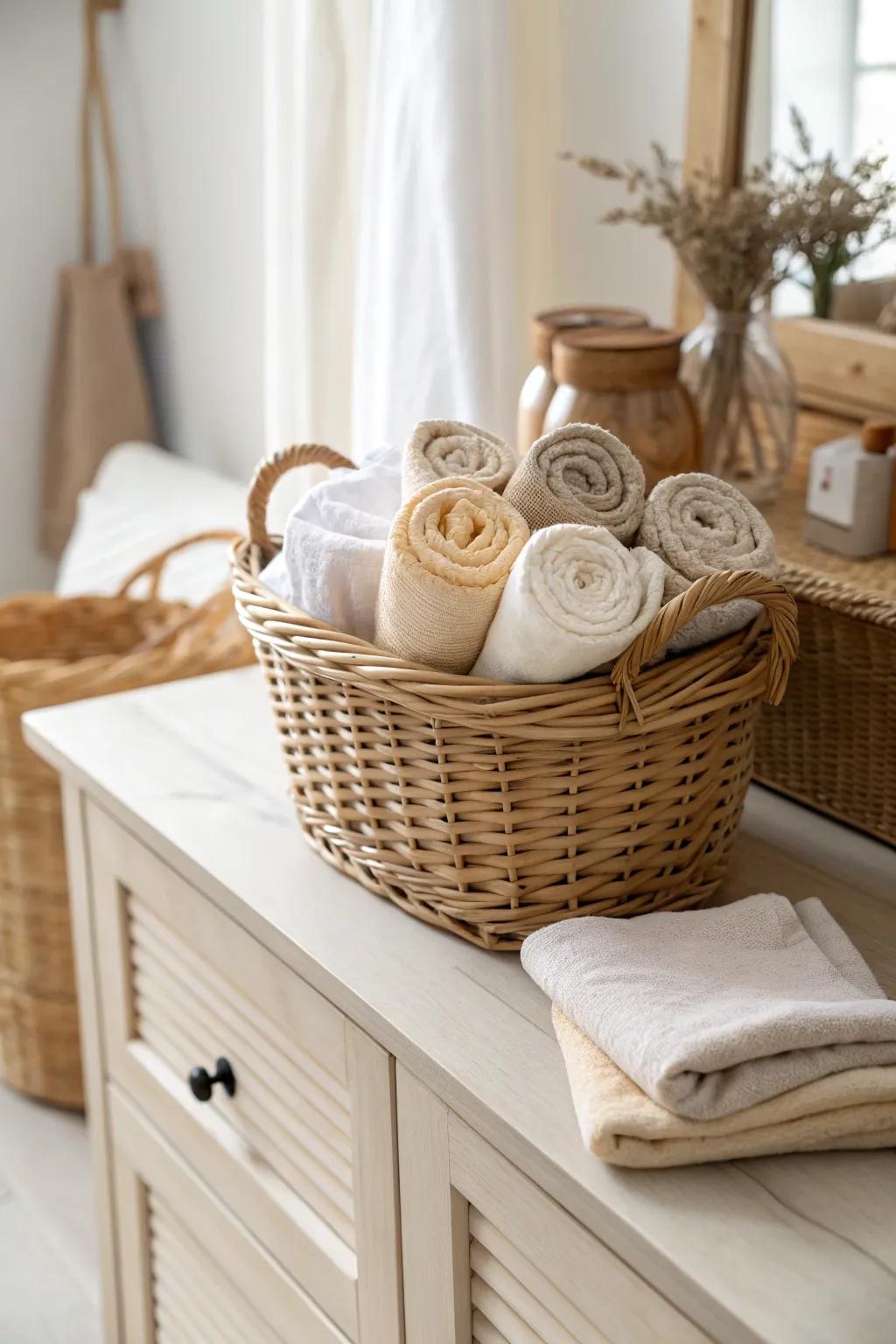 Enhance your dining space with a basket of beautifully rolled napkins for a touch of rustic charm.