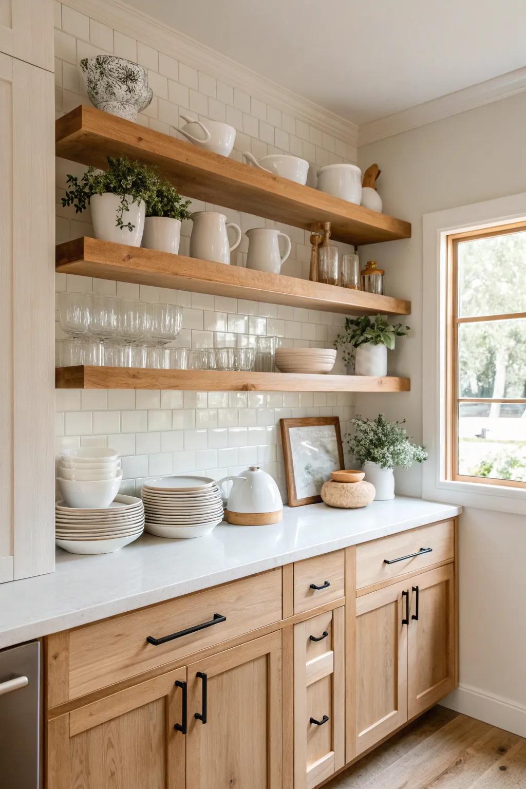 Open shelving adds both function and style, perfect for showcasing your favorite kitchen pieces.