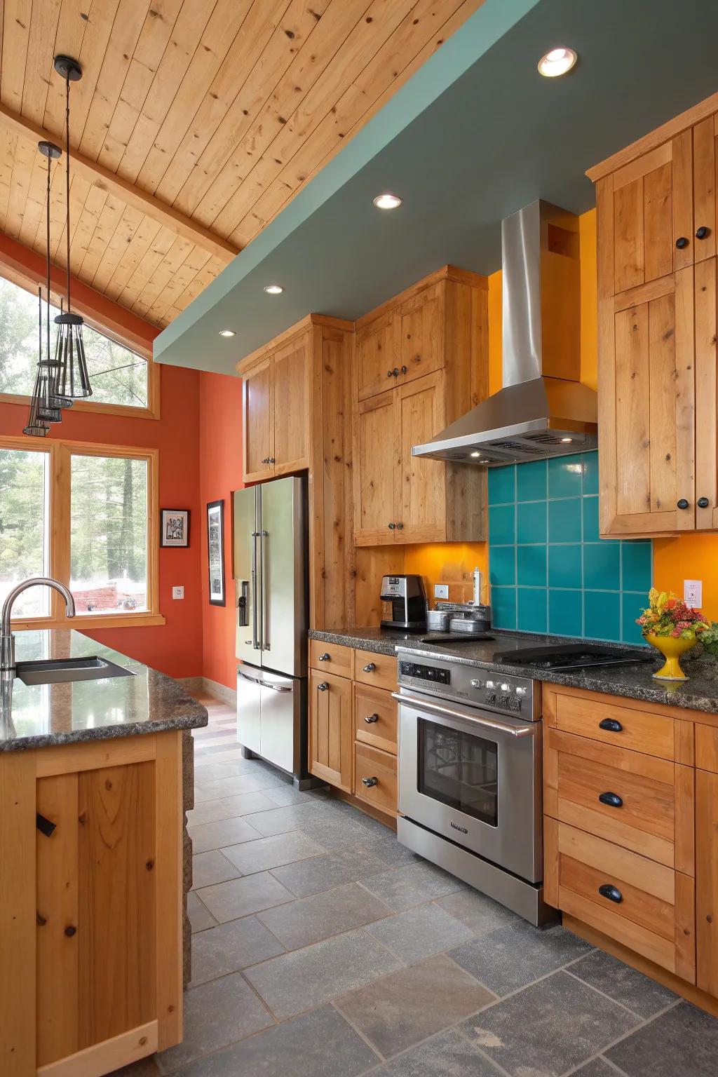 Achieve a perfect balance of rustic and modern with knotty pine cabinets and sleek finishes.