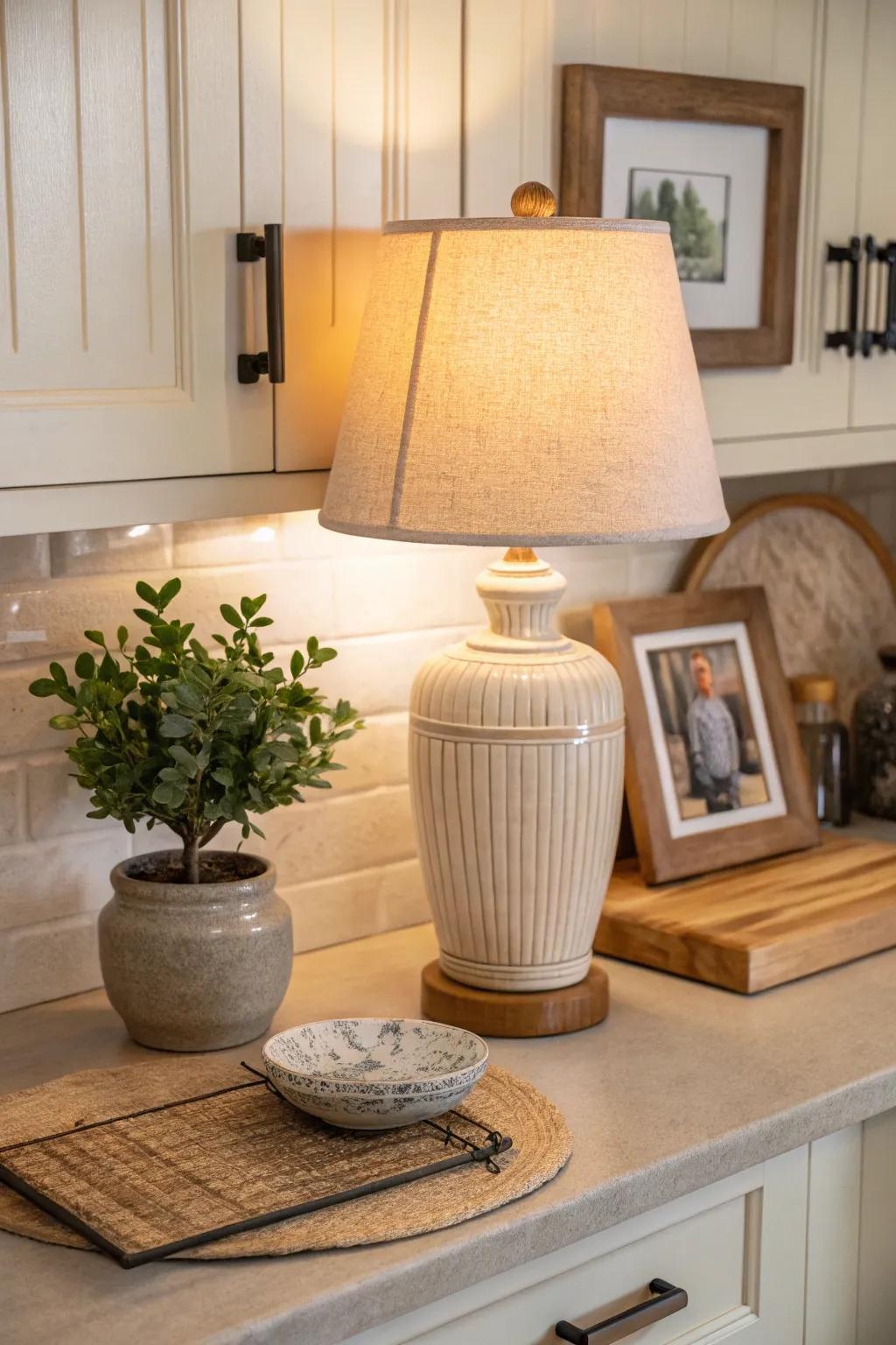 Enhance your kitchen's charm with a lamp and decorative accents.