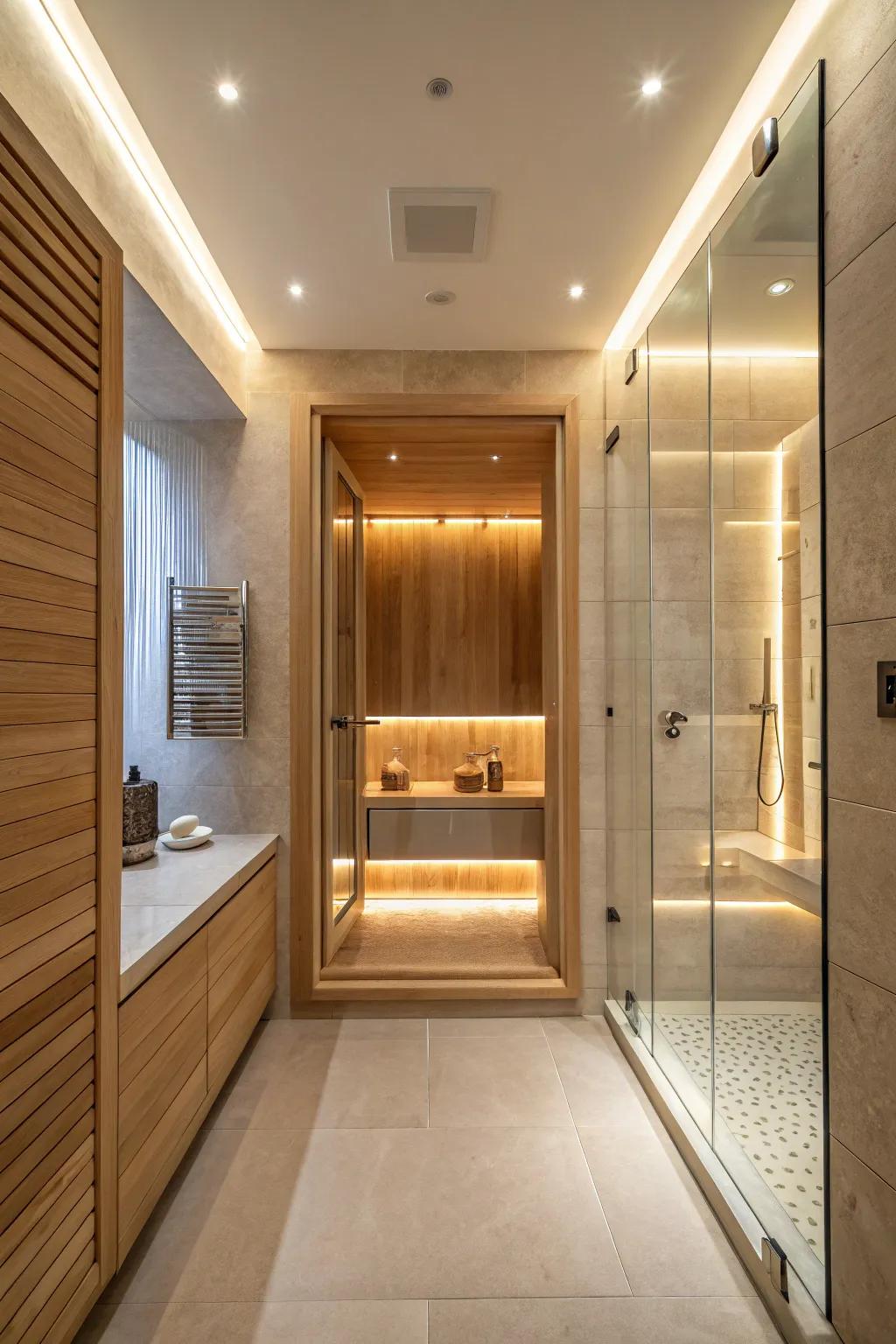 Illuminate your shower essentials with niche lighting, blending functionality and style effortlessly.