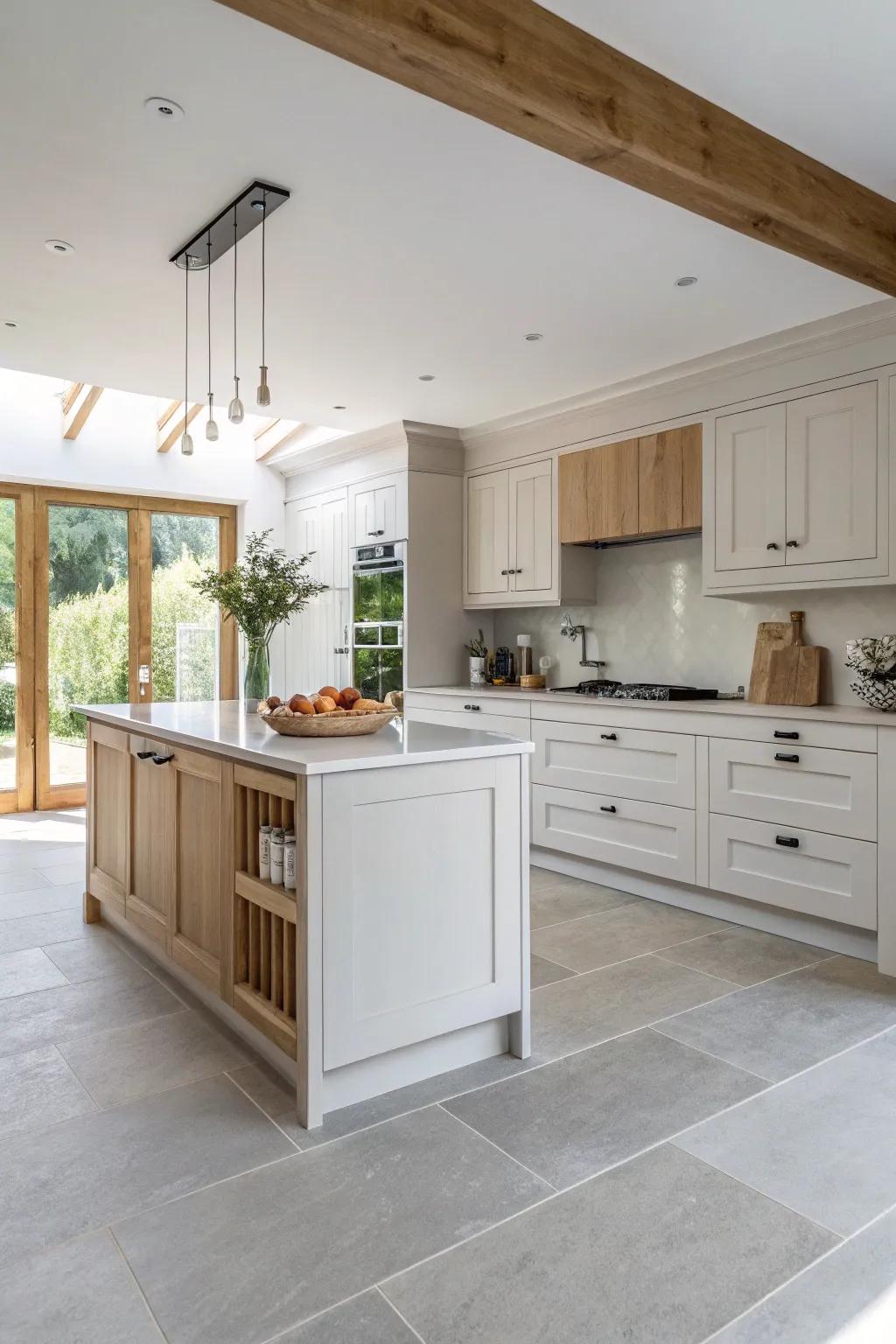 Crisp white cabinets paired with light grey floors create an inviting and airy kitchen space.
