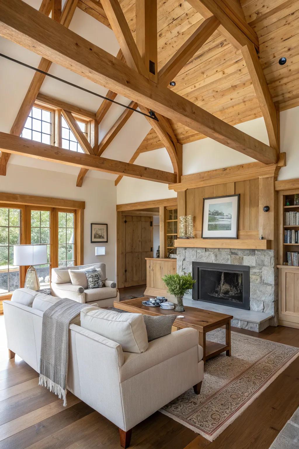 Wooden beams bring a rustic charm and structural beauty to your living room.