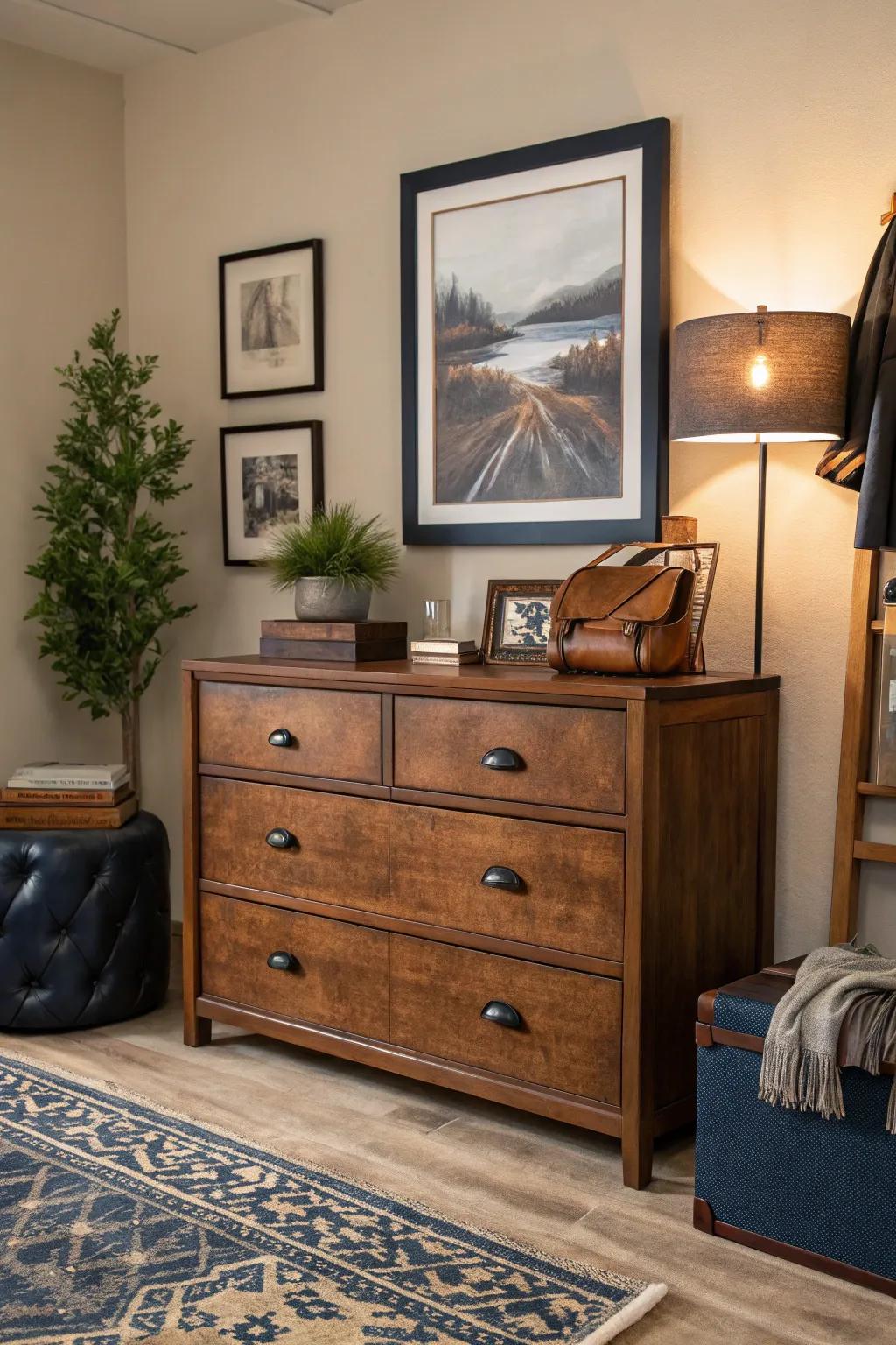 Framed artwork brings character and a personal touch to your dresser decor.