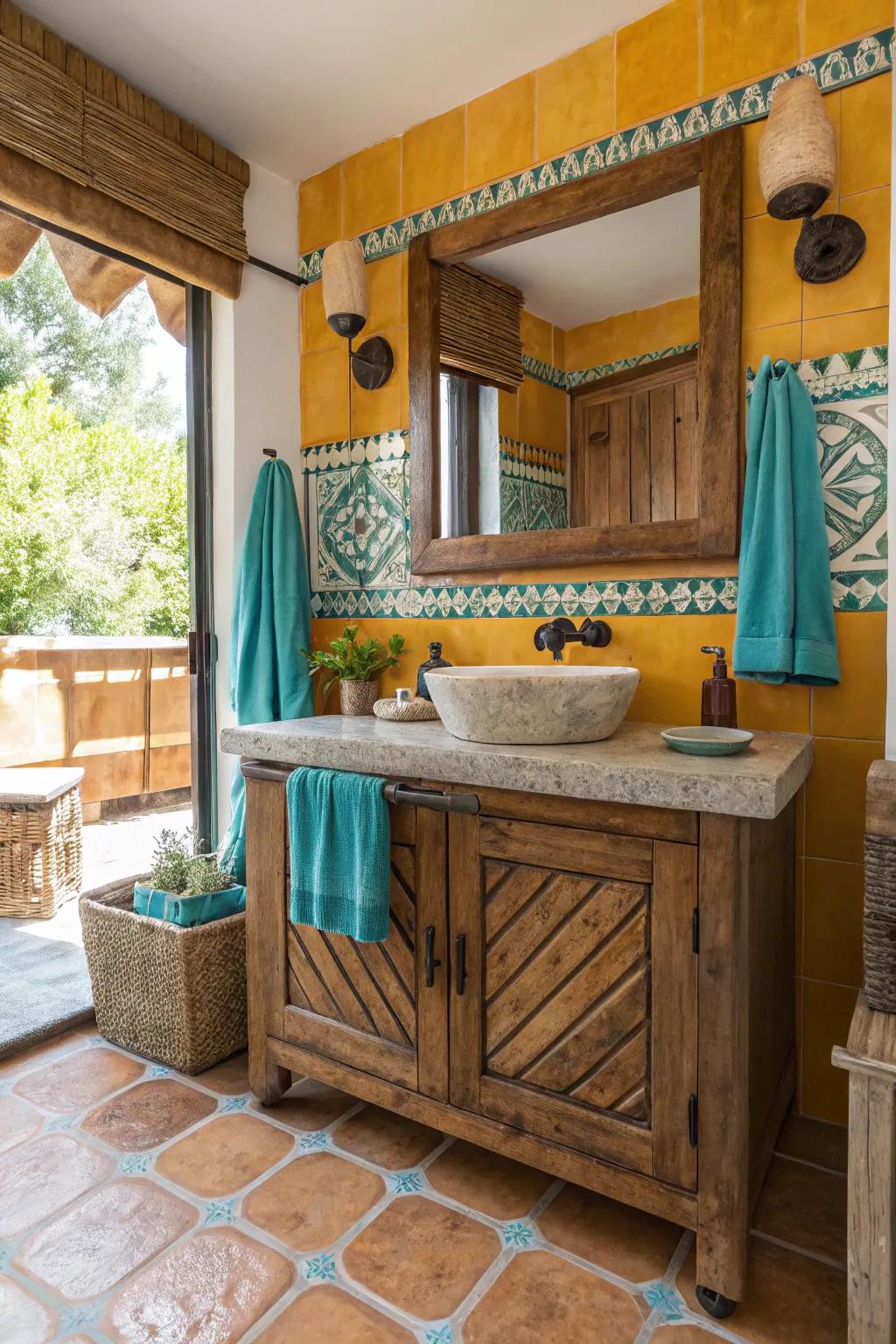 Embrace rustic charm with a wooden vanity that evokes a warm, welcoming atmosphere.