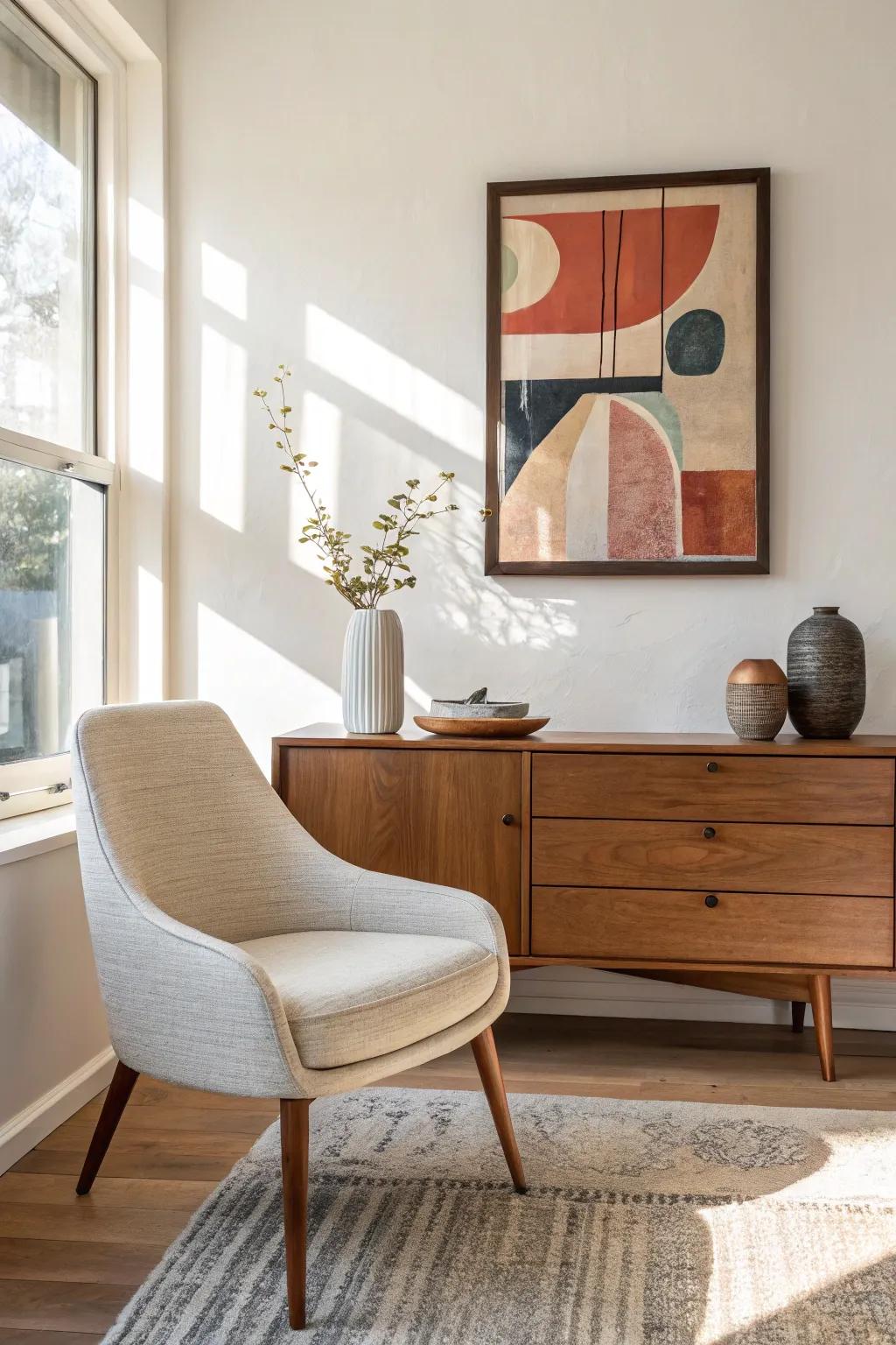 Create harmony with mid-century furniture that complements your art, for a cohesive and stylish look.