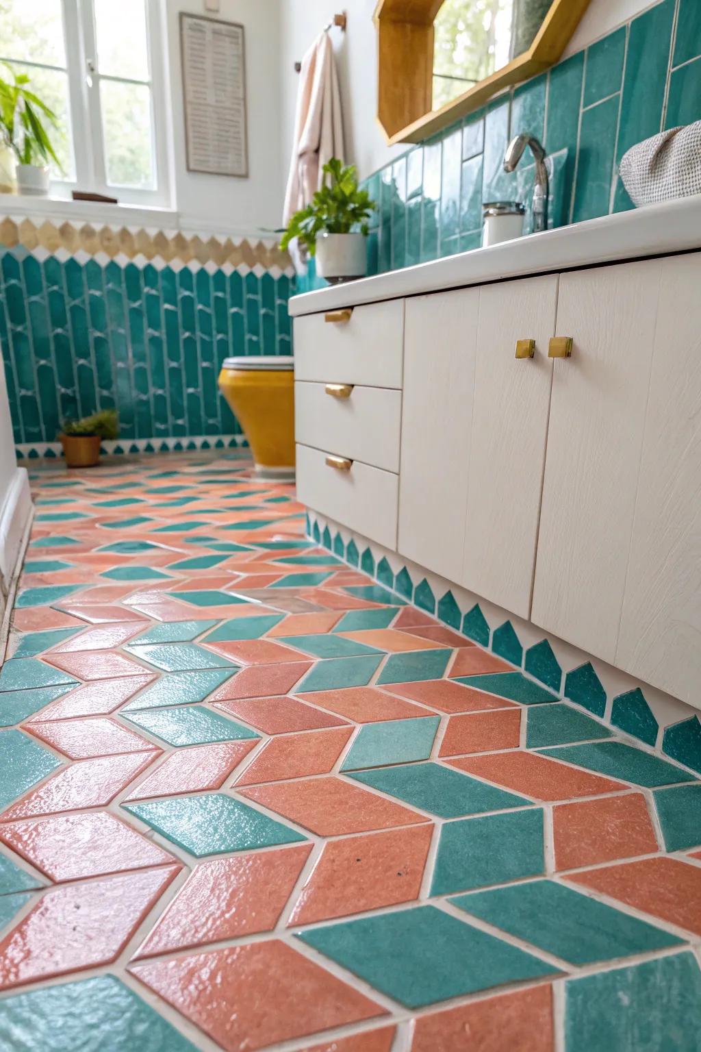 Create a dynamic visual flow with geometric tiles that add depth and character to your space.