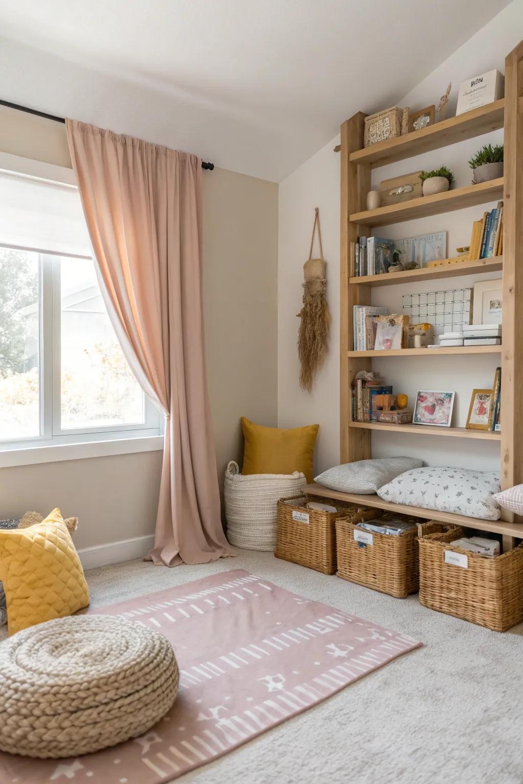 Neutral tones with vibrant accents set the stage for a playful yet soothing atmosphere.