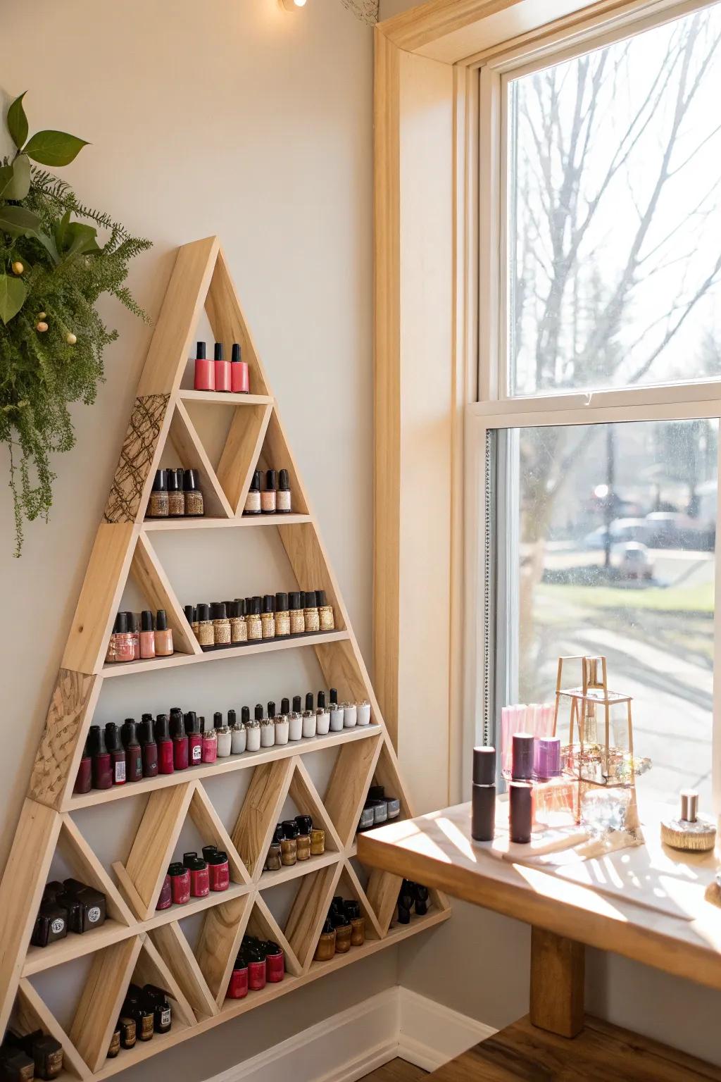 Elevate your decor with geometric shelves that add a touch of modern elegance to your polish display.