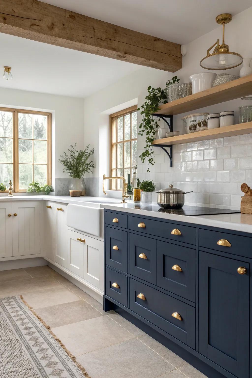Elevate your kitchen with gold hardware that perfectly complements your navy and white palette.