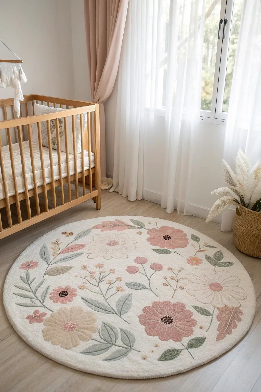Let your nursery bloom with a beautiful floral rug that adds charm and elegance.