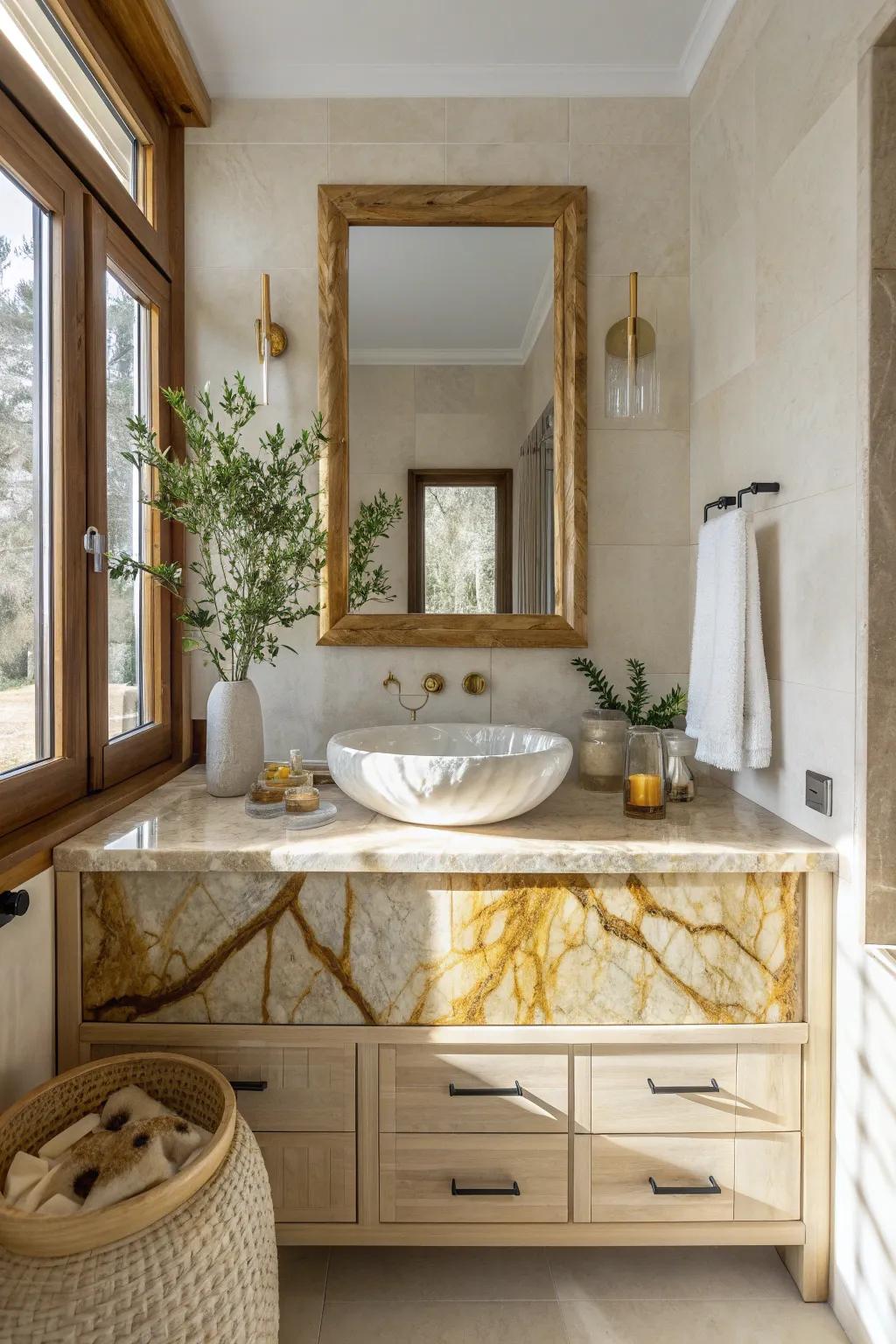 Add a touch of elegance to your bathroom with a sleek onyx vanity top. The perfect blend of beauty and function.