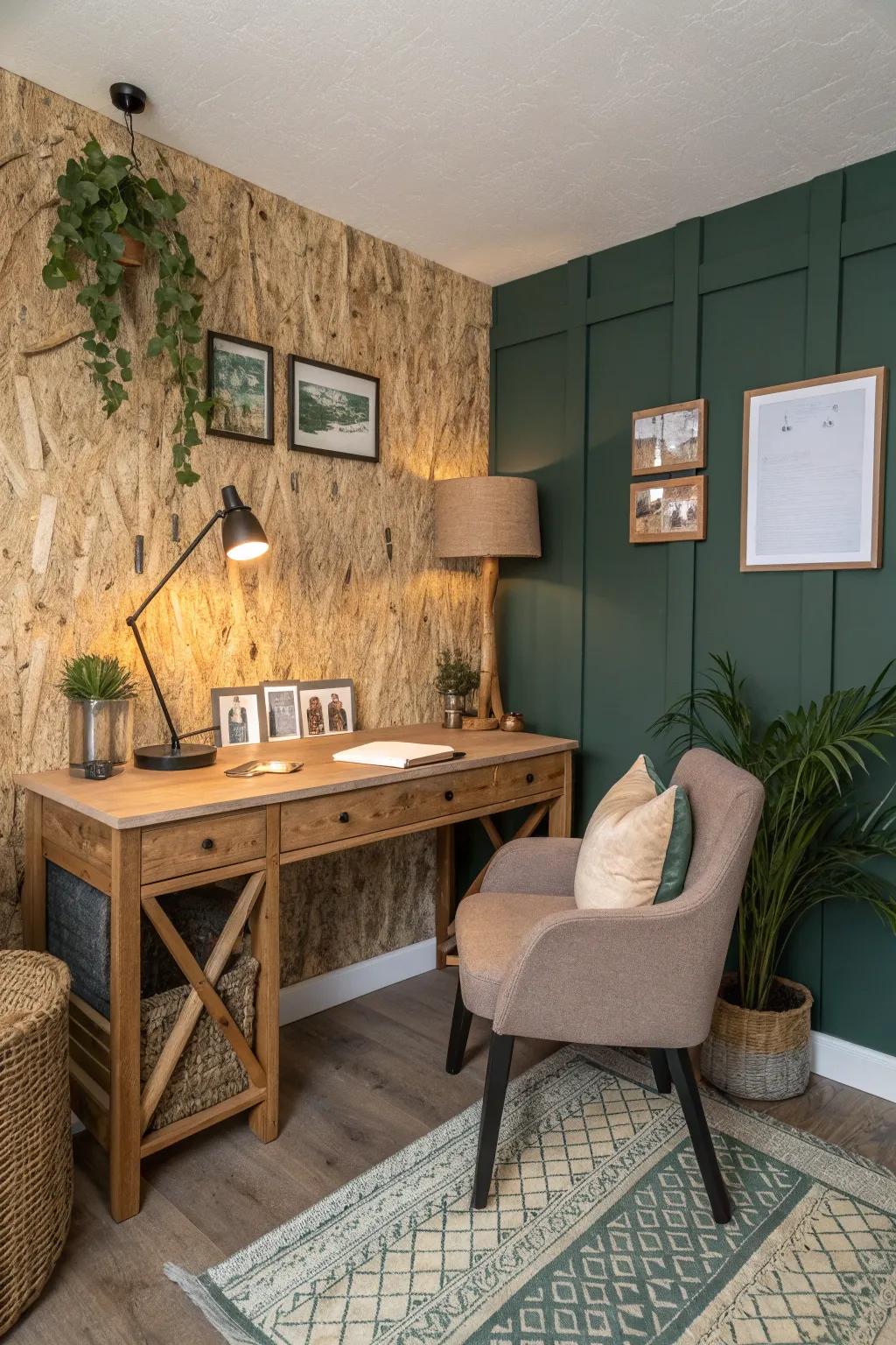 Create a rustic office sanctuary with the natural charm of OSB board walls.