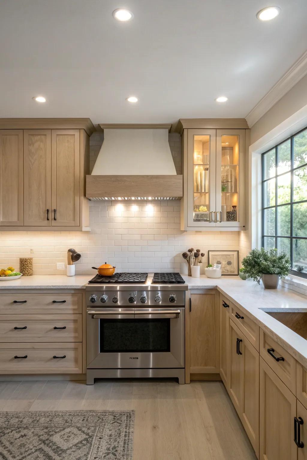 Achieve a modern, streamlined kitchen design with recessed lighting over your stove.